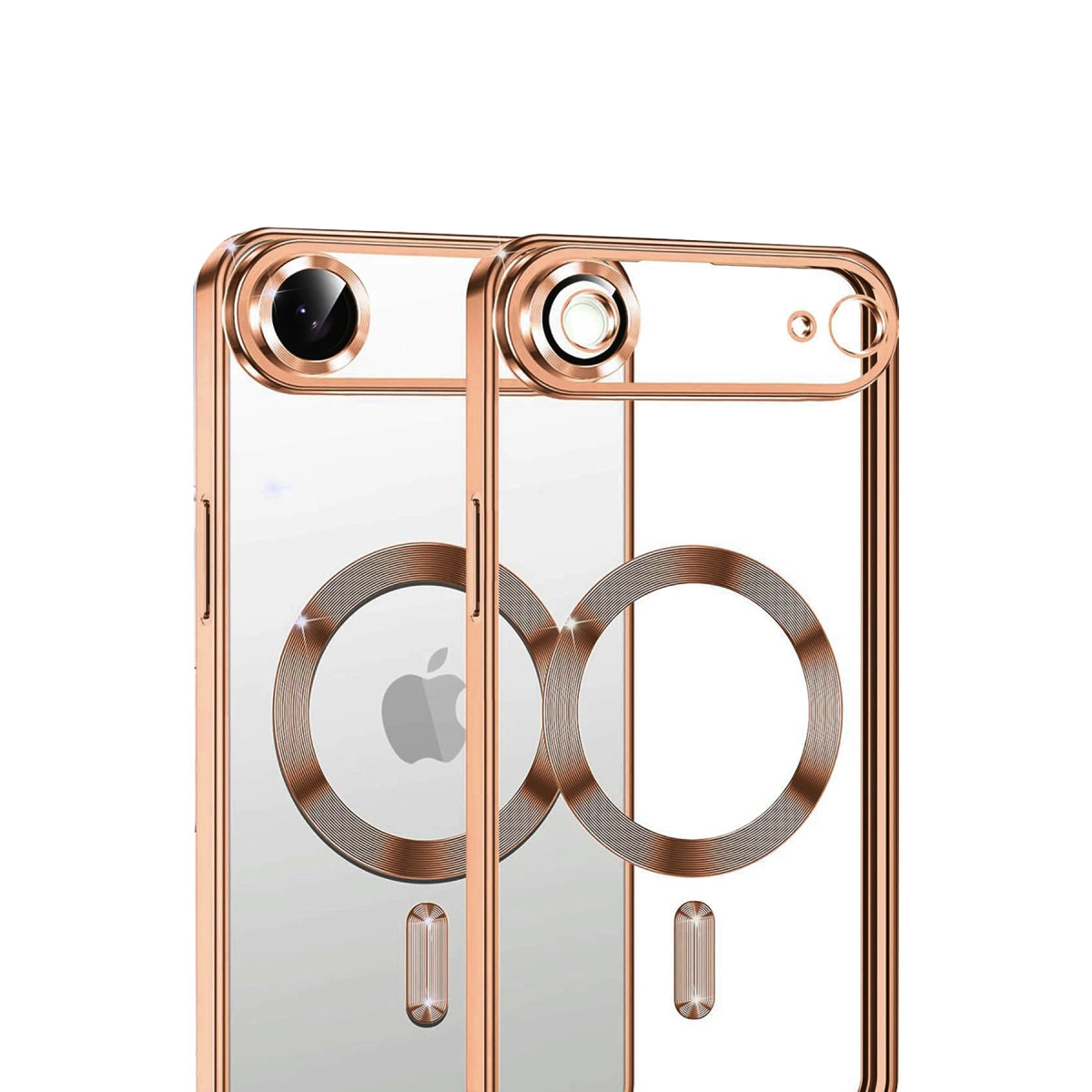 Rose altın kenarlı ve kamera kesimli iki şeffaf telefon kılıfı. Apple logosu görünür.