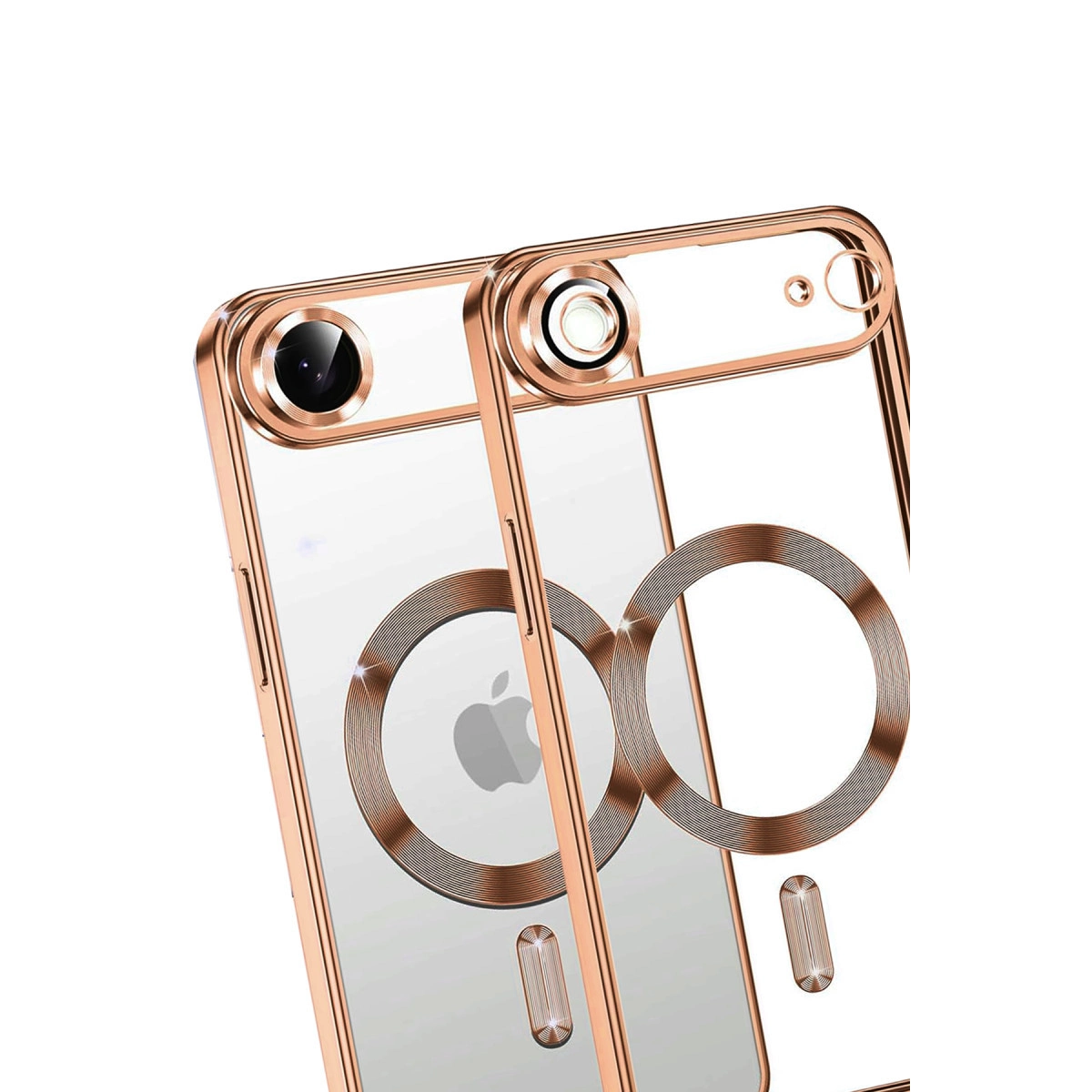 Kameralı ve MagSafe halkalı iki adet rose gold iPhone kılıfı.