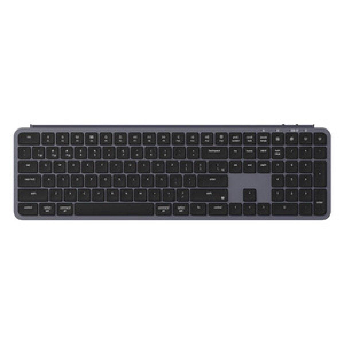 Un clavier sombre avec des touches grises sur fond blanc.