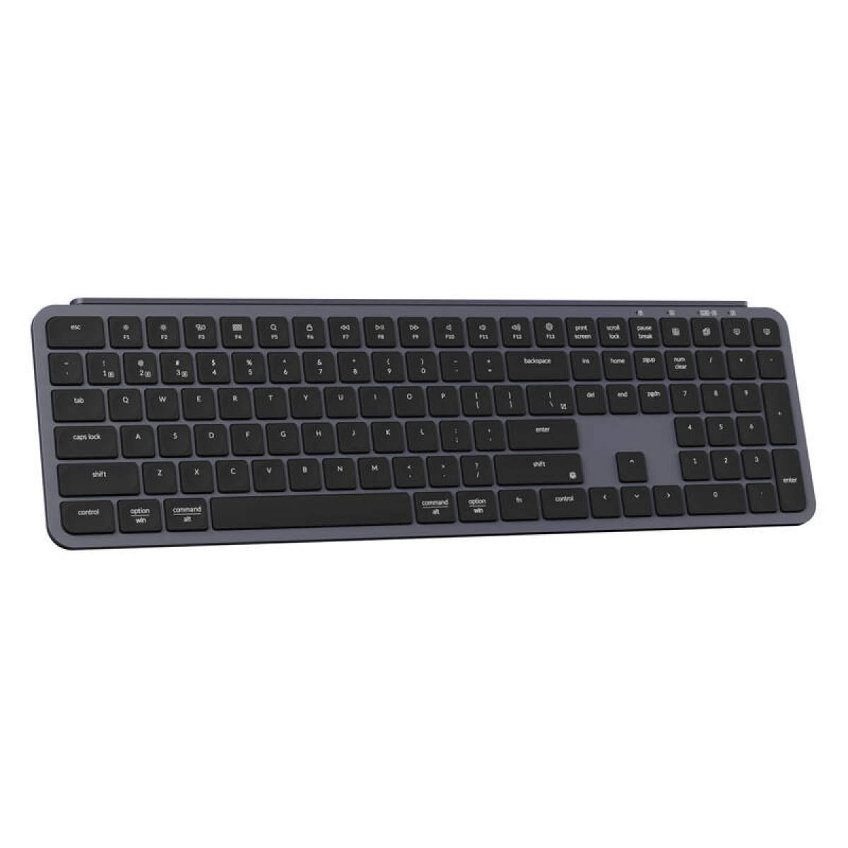 Un clavier gris foncé avec disposition de touches anglaise sur fond blanc.