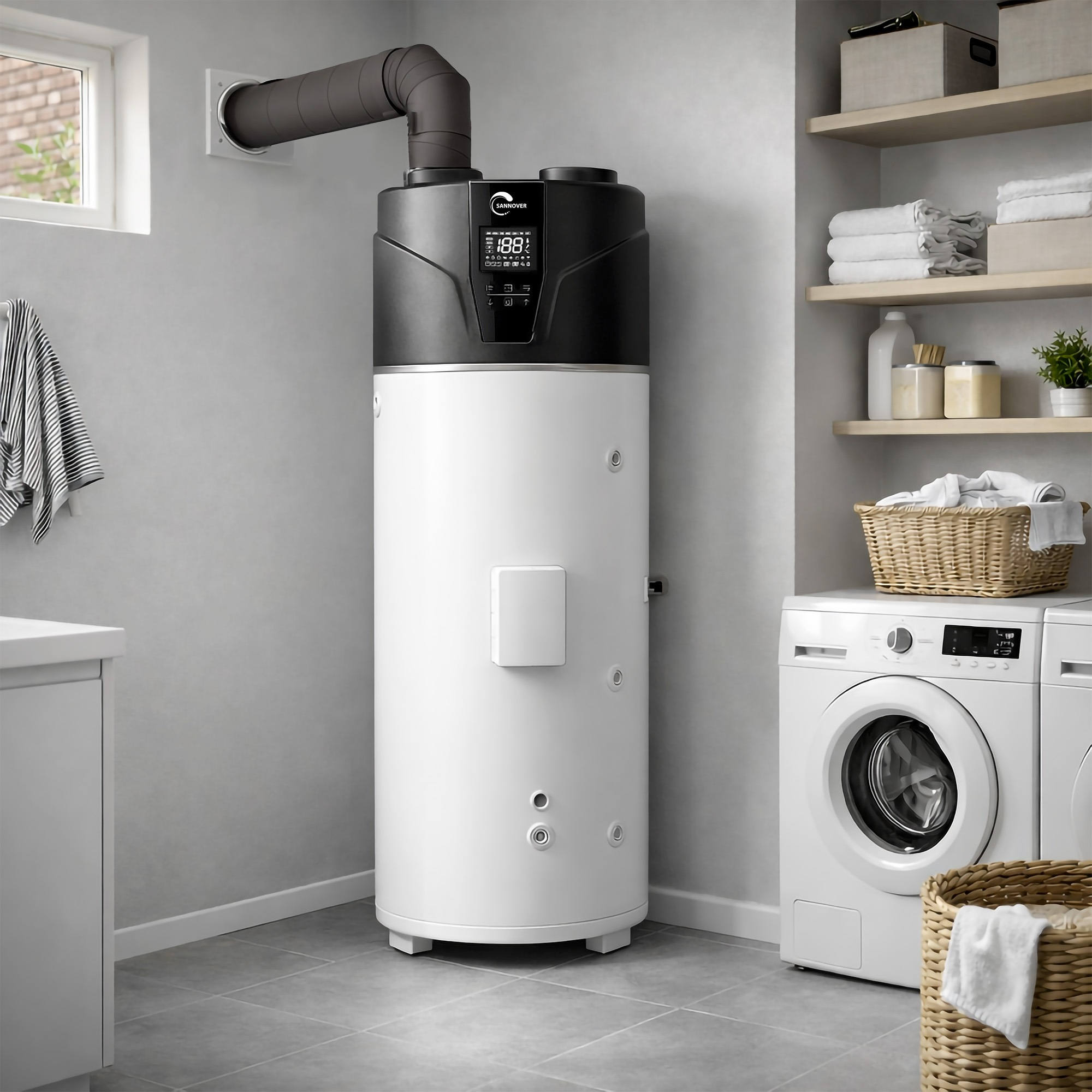 Een witte boiler staat in een wasruimte naast een wasmachine.