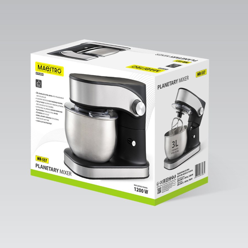 Robot planetarny Maestro z misą 3L ze stali nierdzewnej, 1200W, czarno-srebrny.
