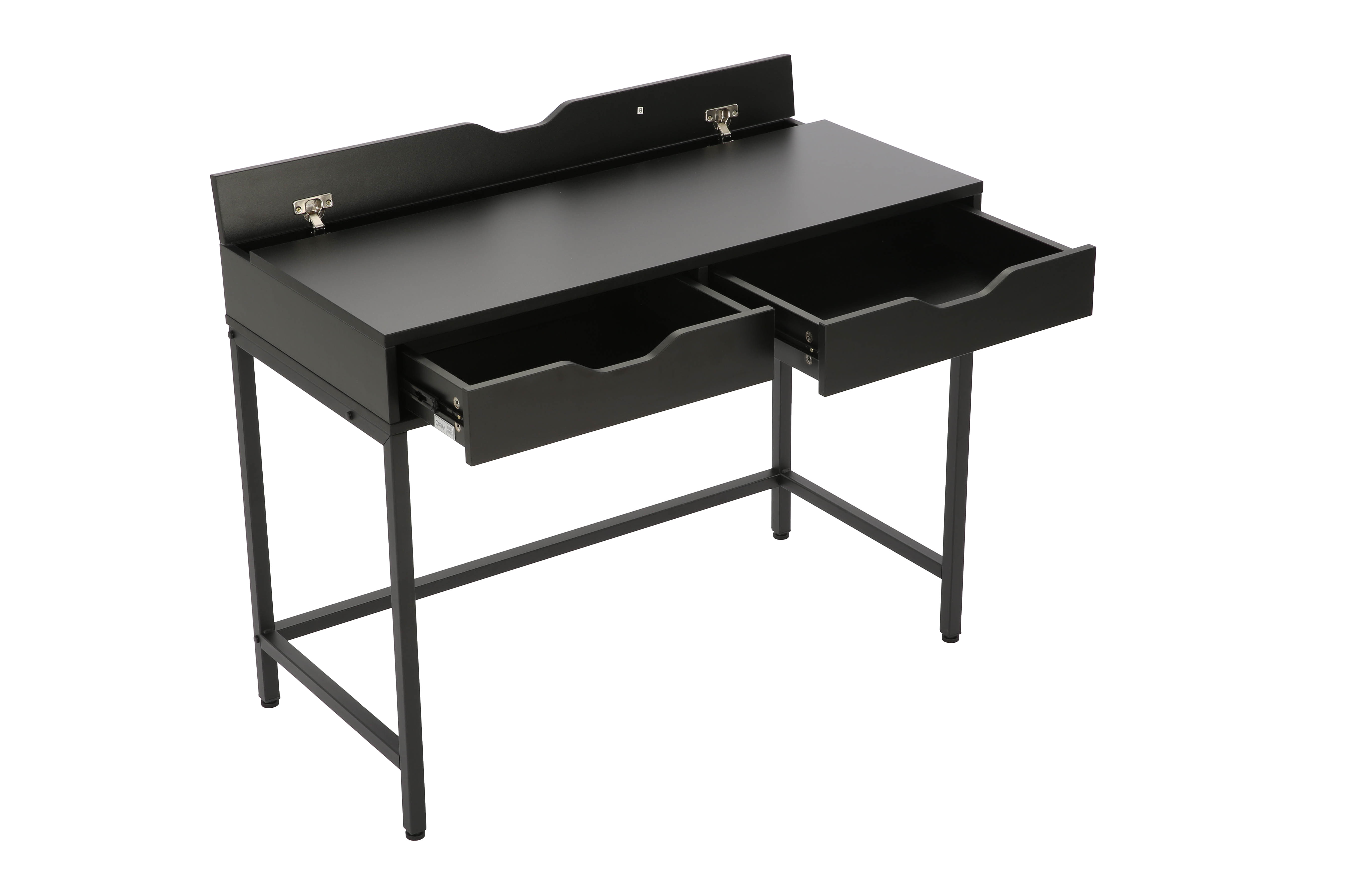 Czarny biurko z dwiema otwartymi szufladami i metalowymi nogami.
