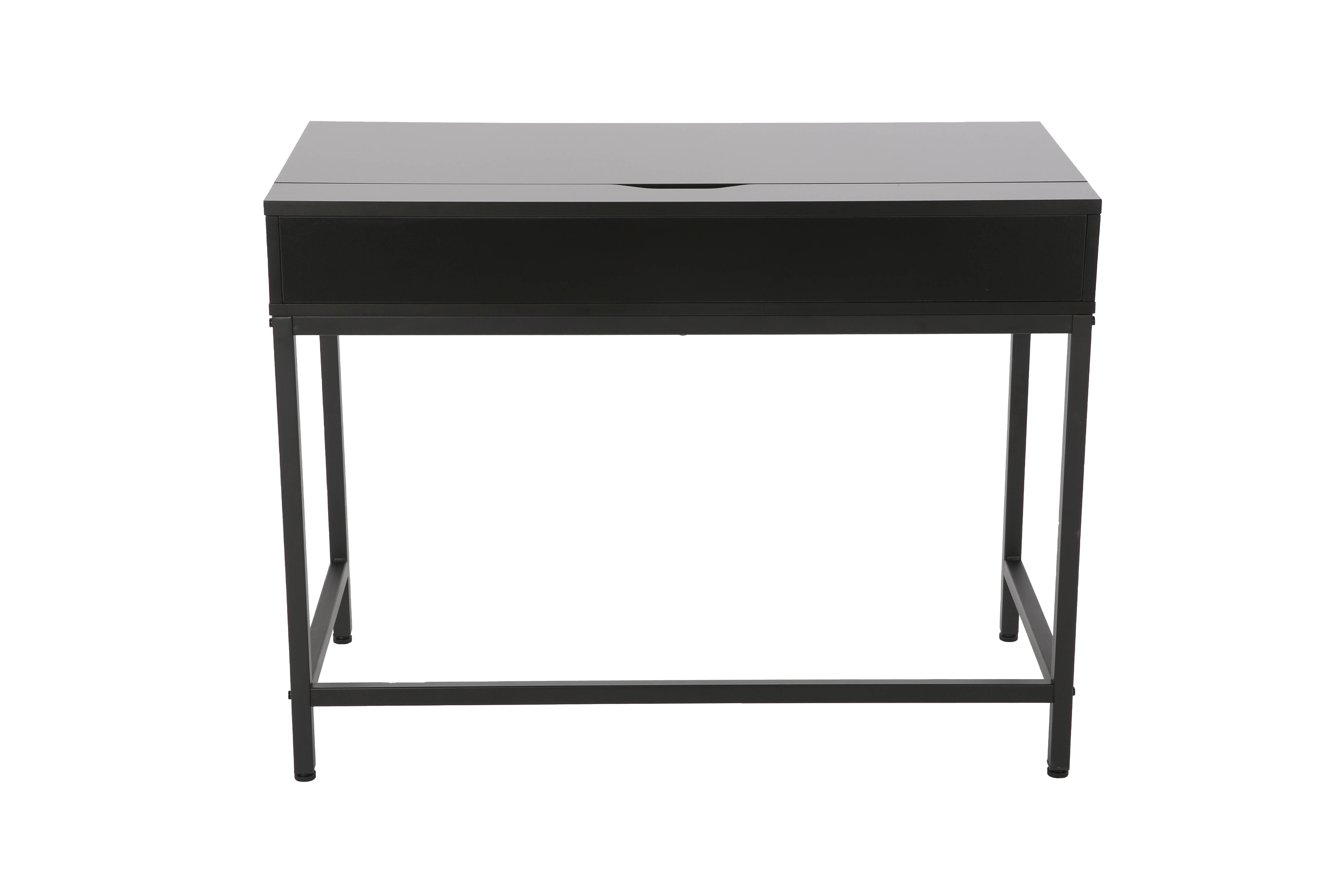 Czarny biurko z szufladą i metalowymi nogami.