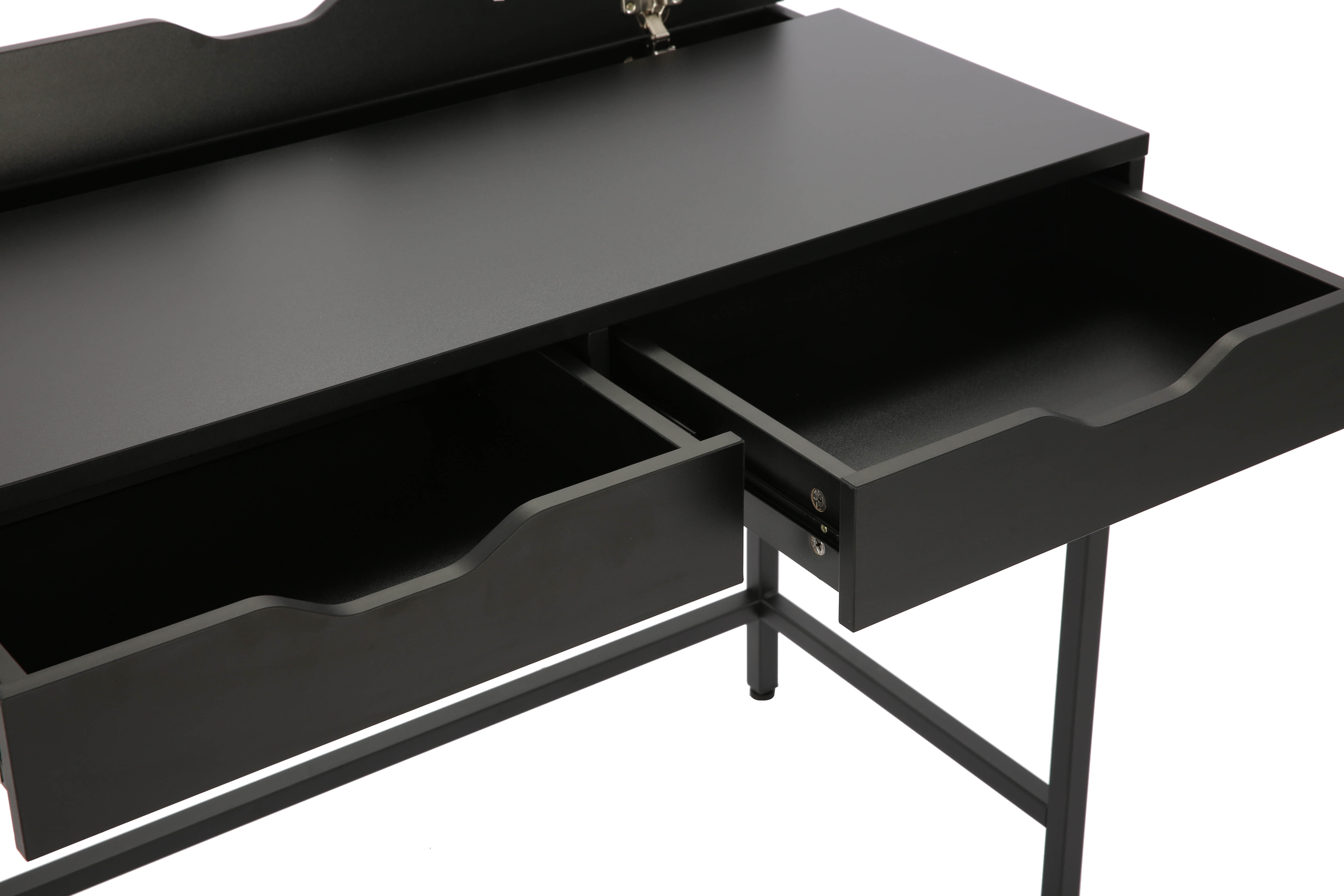 Czarne biurko z otwartymi szufladami i podnoszoną pokrywą.