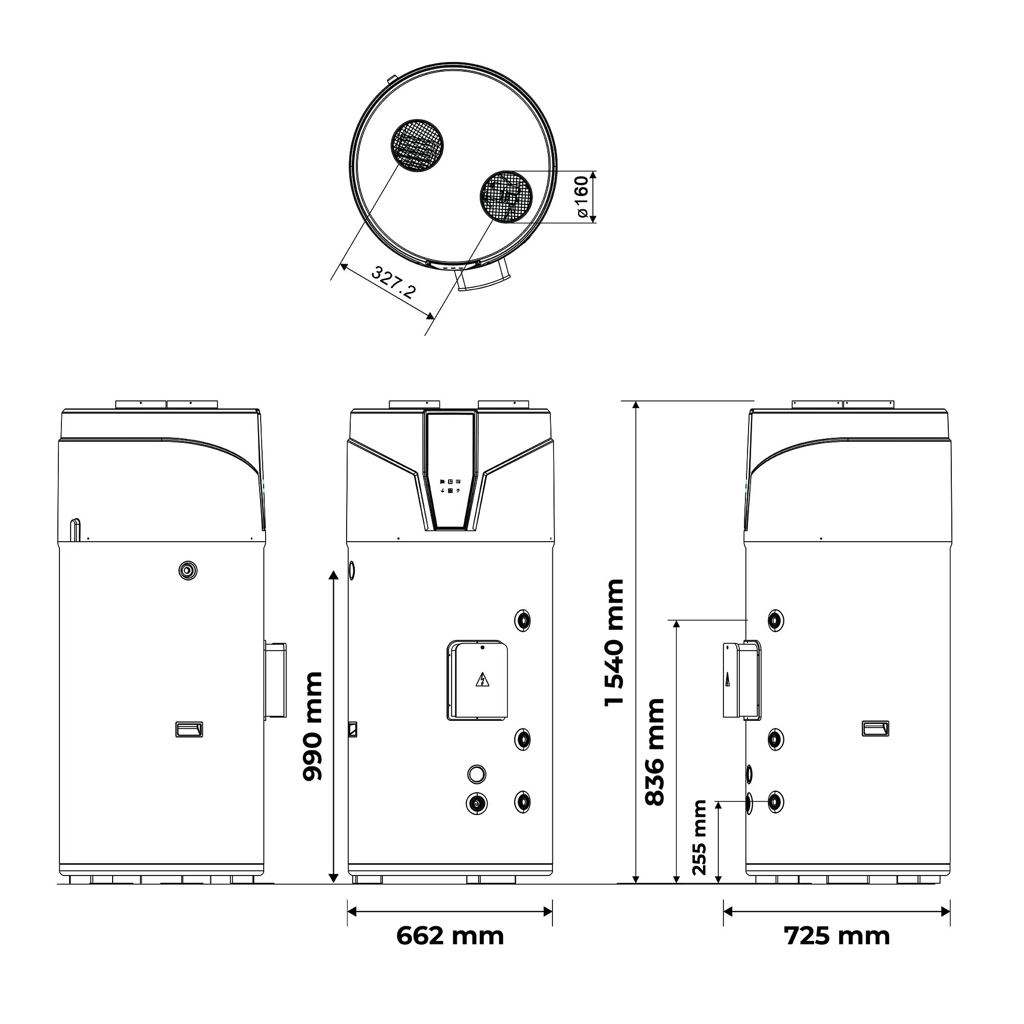 Technische tekening van een cilindrische unit met afmetingen en aansluitingen.