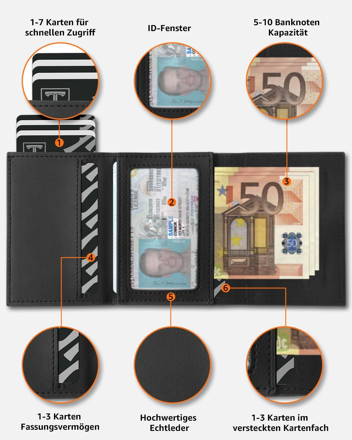 Portafoglio nero con slot per carte, finestra ID e scomparti per banconote.