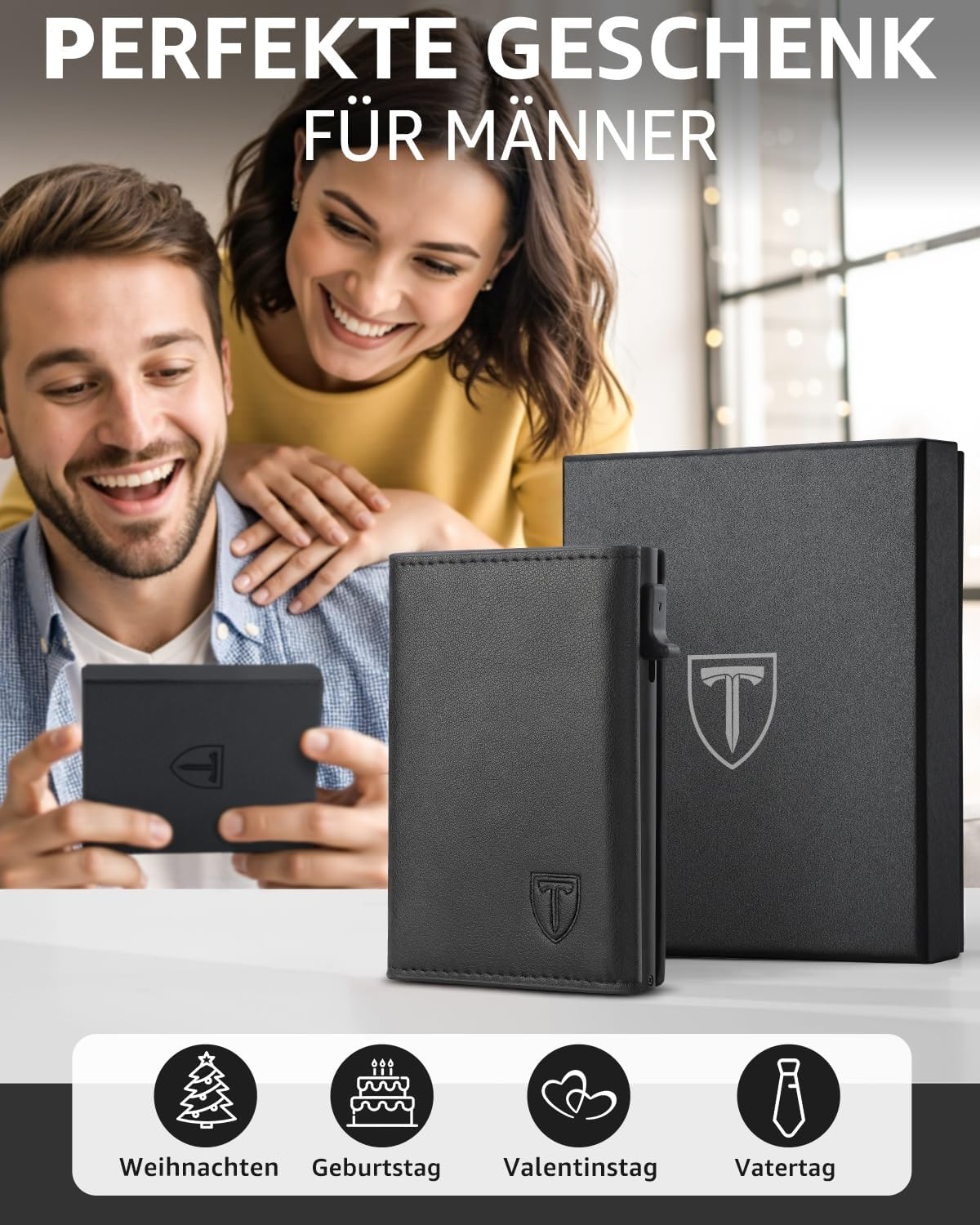 Un uomo tiene un portafoglio nero, una donna sorride dietro di lui. Idee regalo.