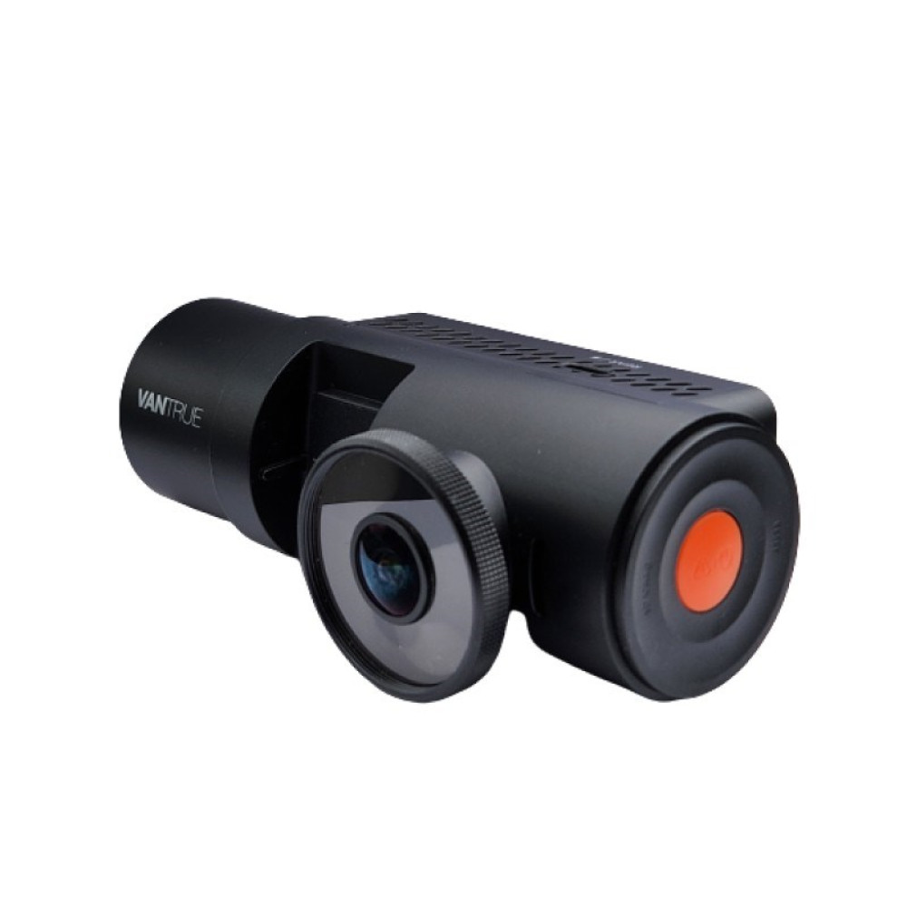 Czarna kamera samochodowa Vantrue z obrotowym obiektywem i pomarańczowym przyciskiem.