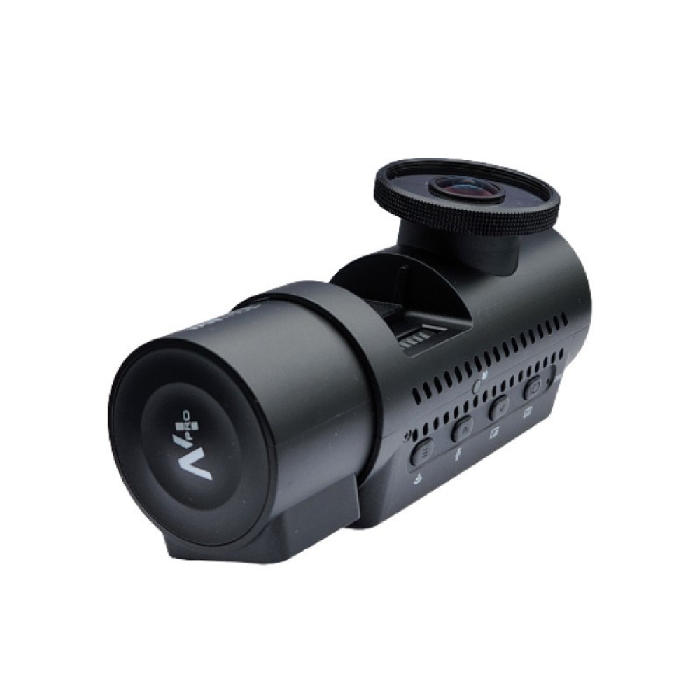 Czarna kamera samochodowa z mocowaniem obiektywu i bocznymi przyciskami.