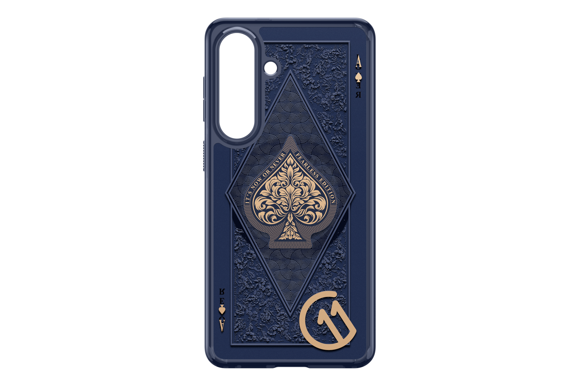 Dunkelblaue Handyhülle mit Ace of Spades-Design und goldener Verzierung.