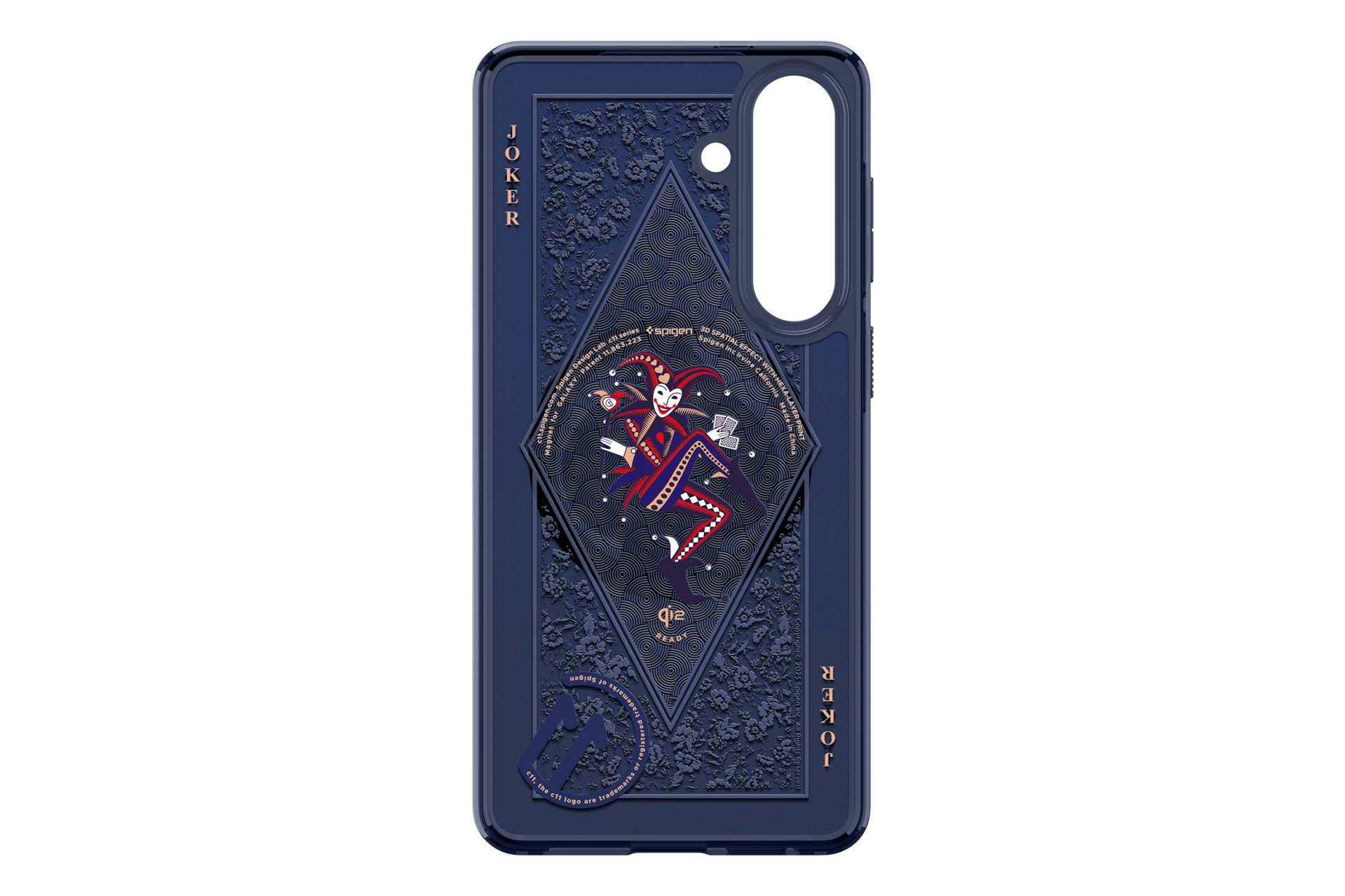 Dunkelblaue Handyhülle mit Joker-Motiv, Spigen-Logo und floralem Muster.