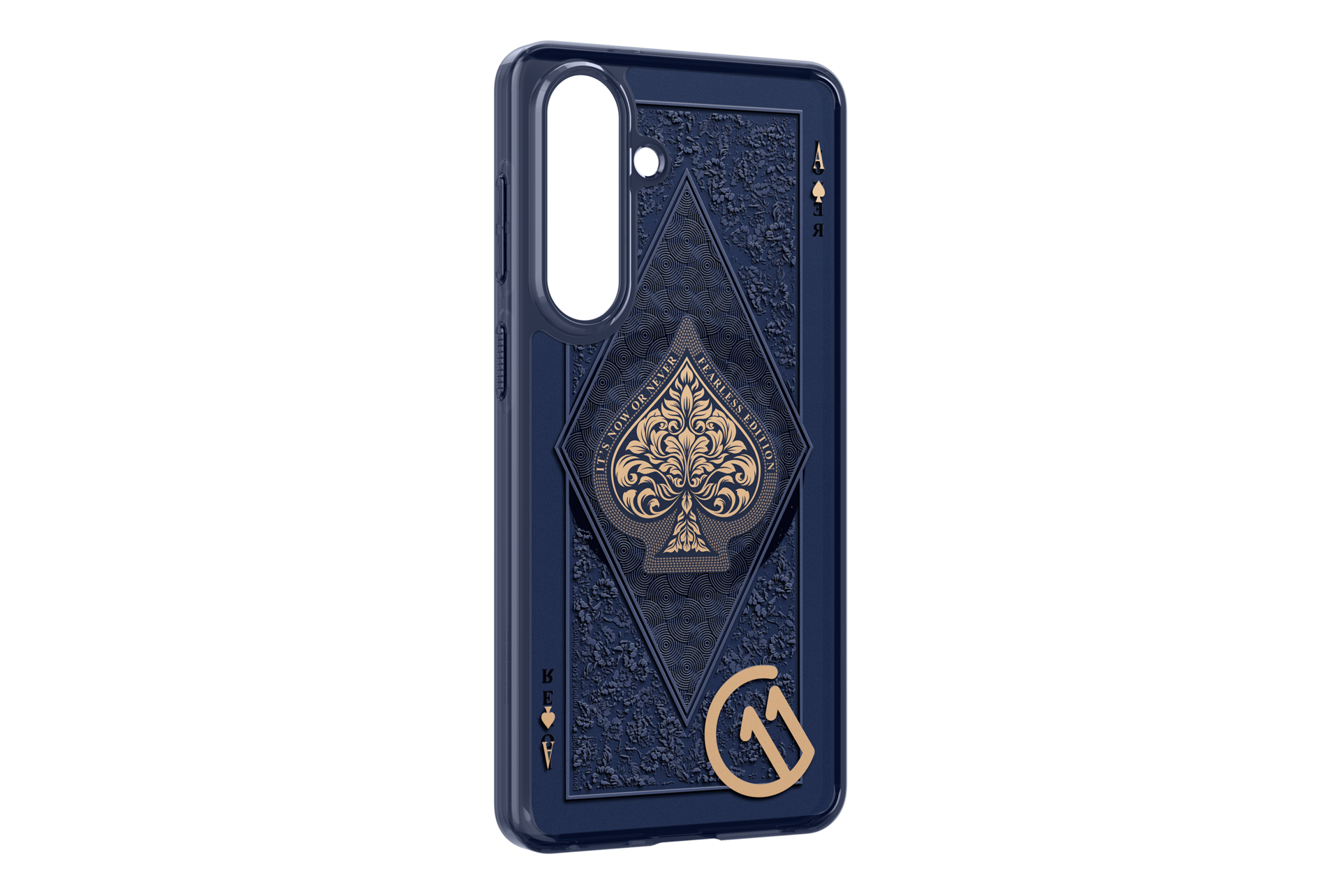 Dunkelblaue Handyhülle mit Spielkarten-Design und Goldakzenten.