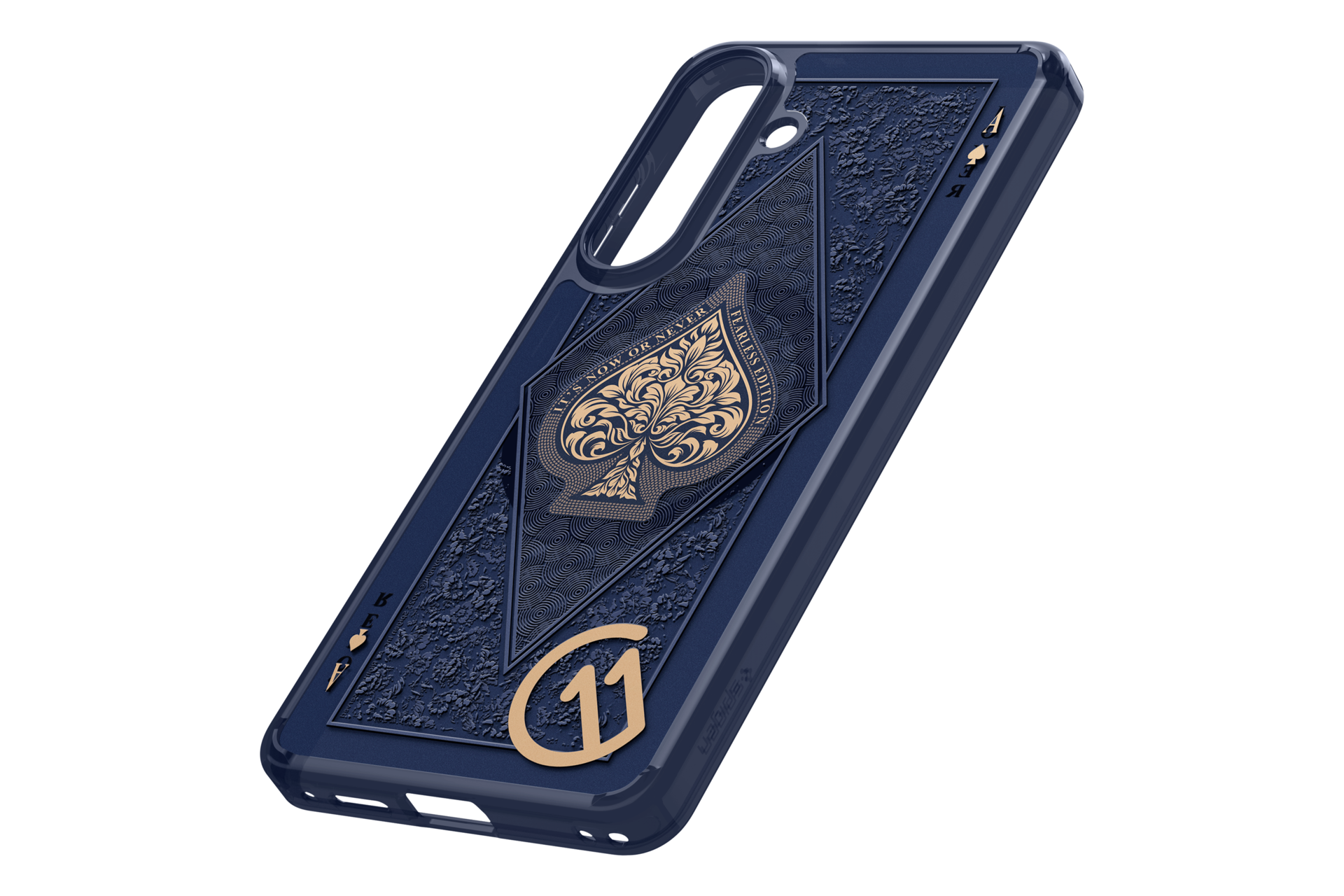 Dunkelblaue Handyhülle mit Spaten-Ass-Design und goldenen Akzenten.