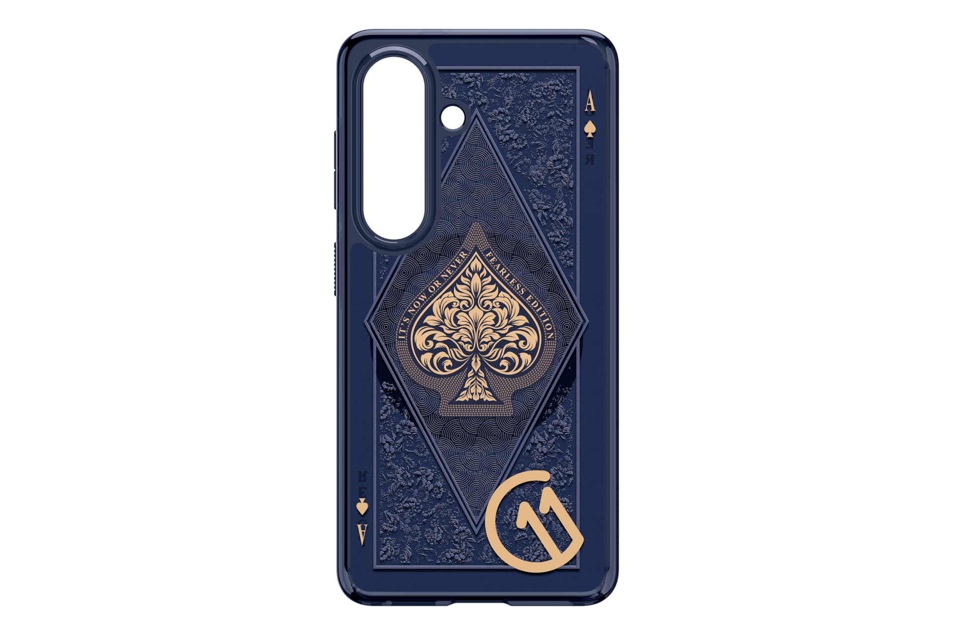 Dunkelblaue Handyhülle mit Pik-Ass-Design und goldenen Akzenten.