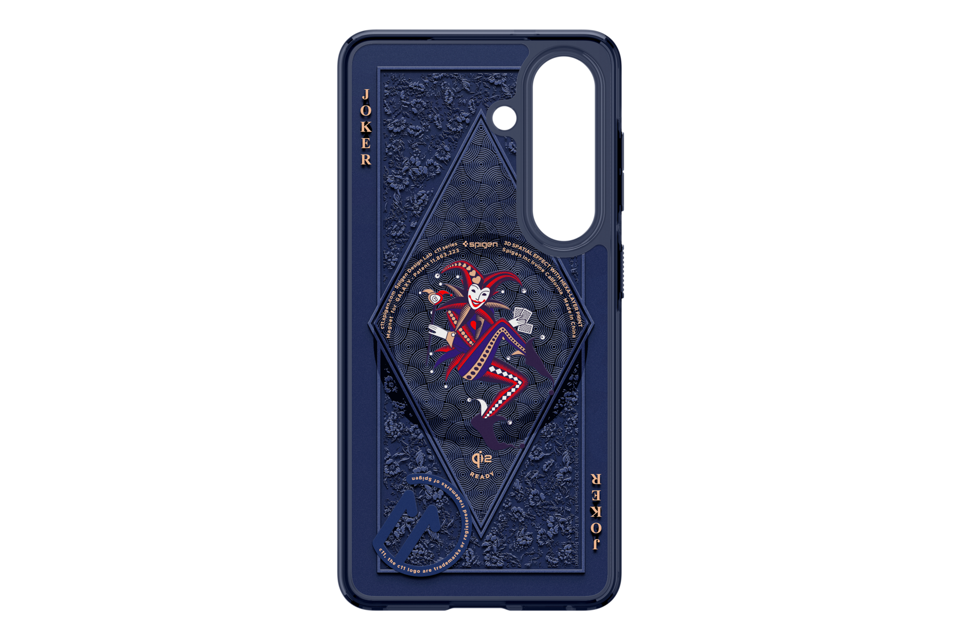Dunkelblaue Handyhülle mit Joker-Motiv und floralen Mustern.