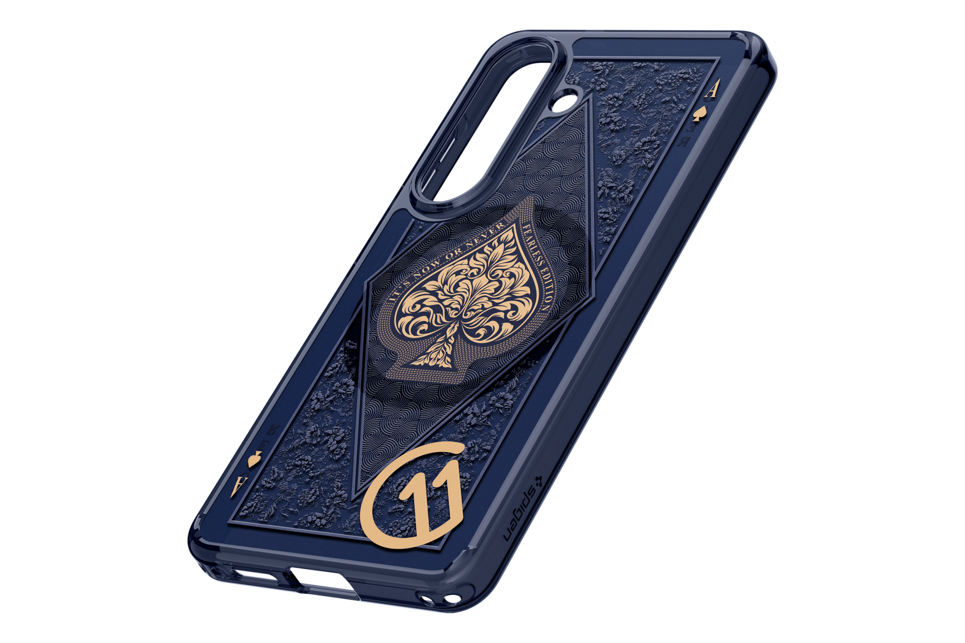 Dunkelblaue Handyhülle mit Spaten-Ass-Design und goldener "11".