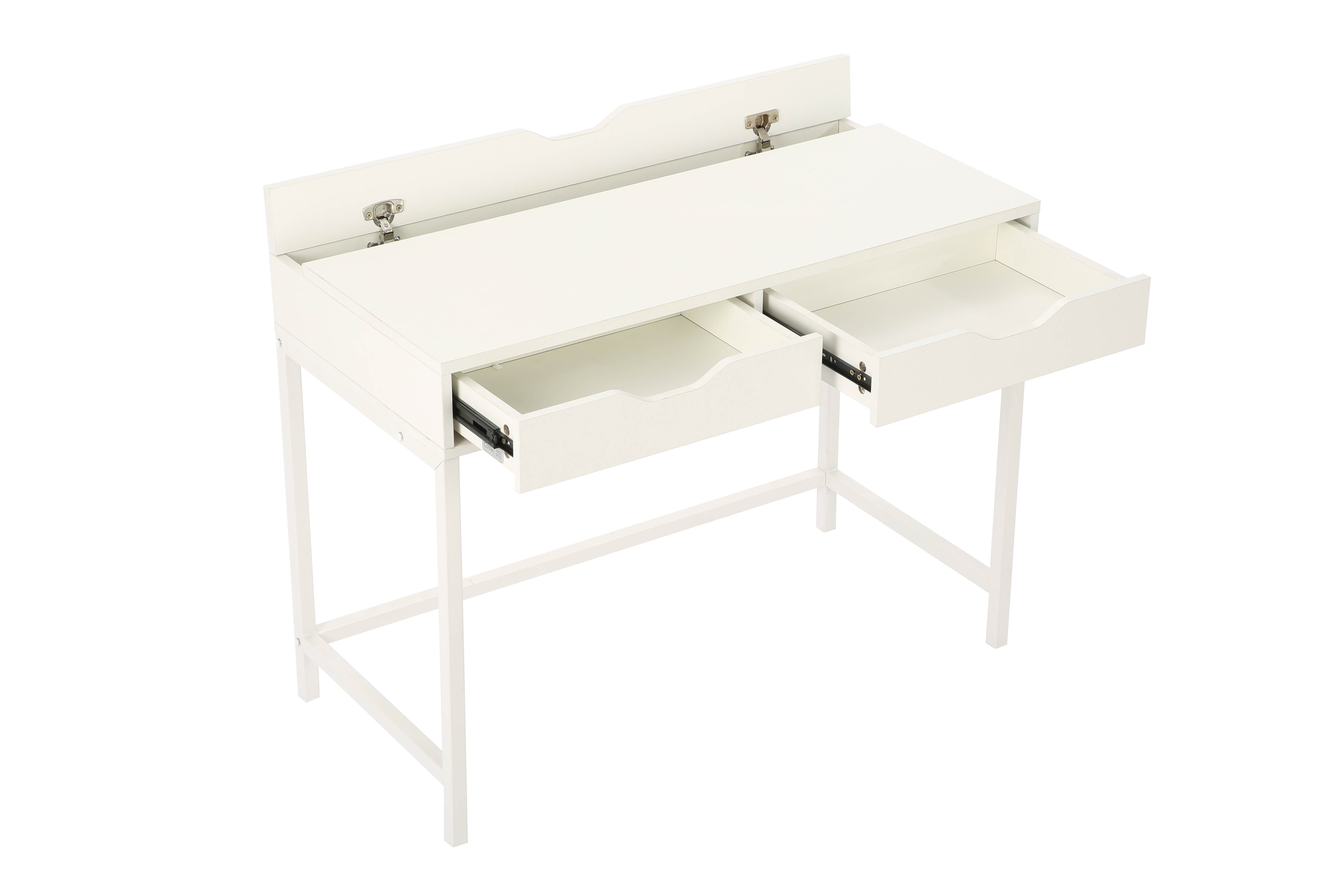 Białe biurko z dwiema otwartymi szufladami i podniesioną pokrywą.
