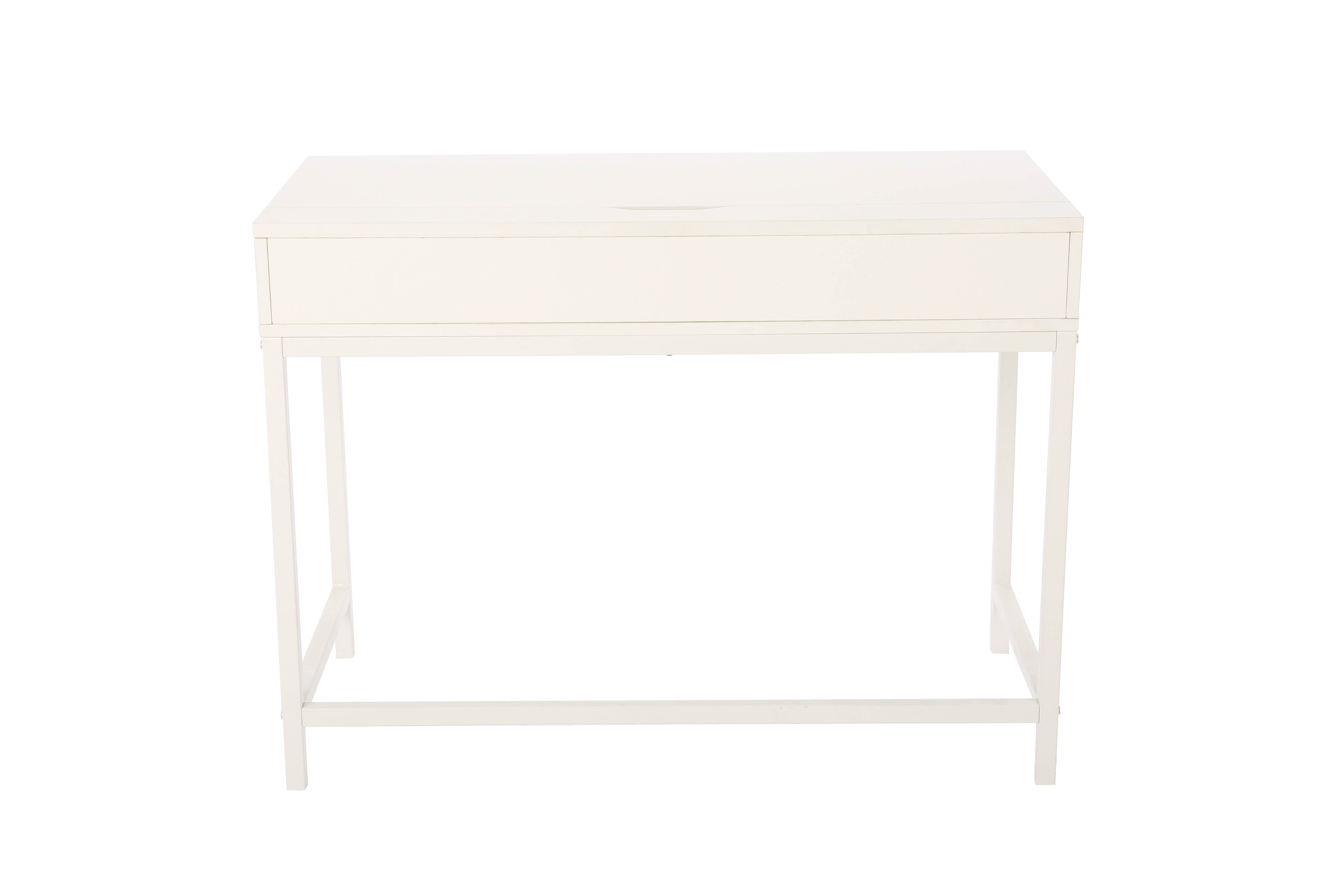 Proste białe biurko z jedną szufladą stoi na czterech smukłych nogach.