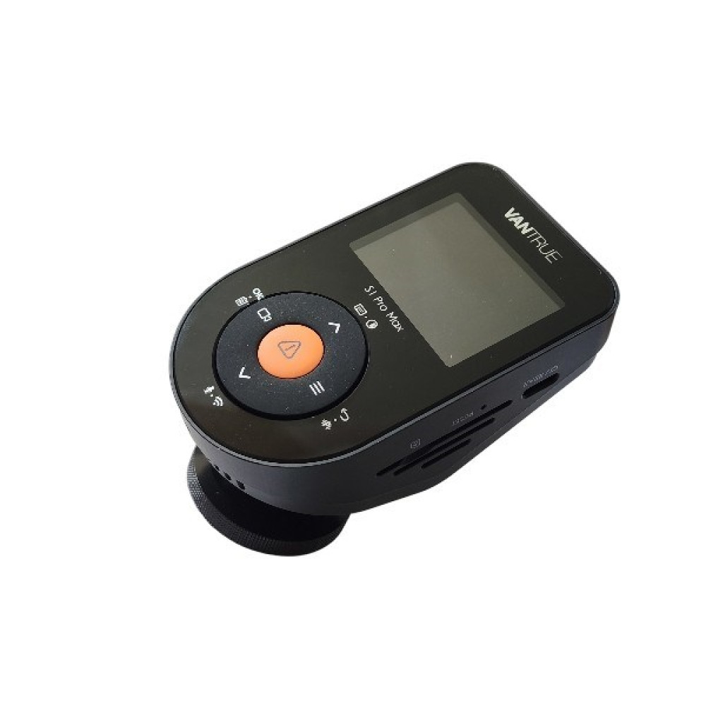 Czarna kamera Vantrue S1 Pro Max z pomarańczowym przyciskiem i małym obiektywem.