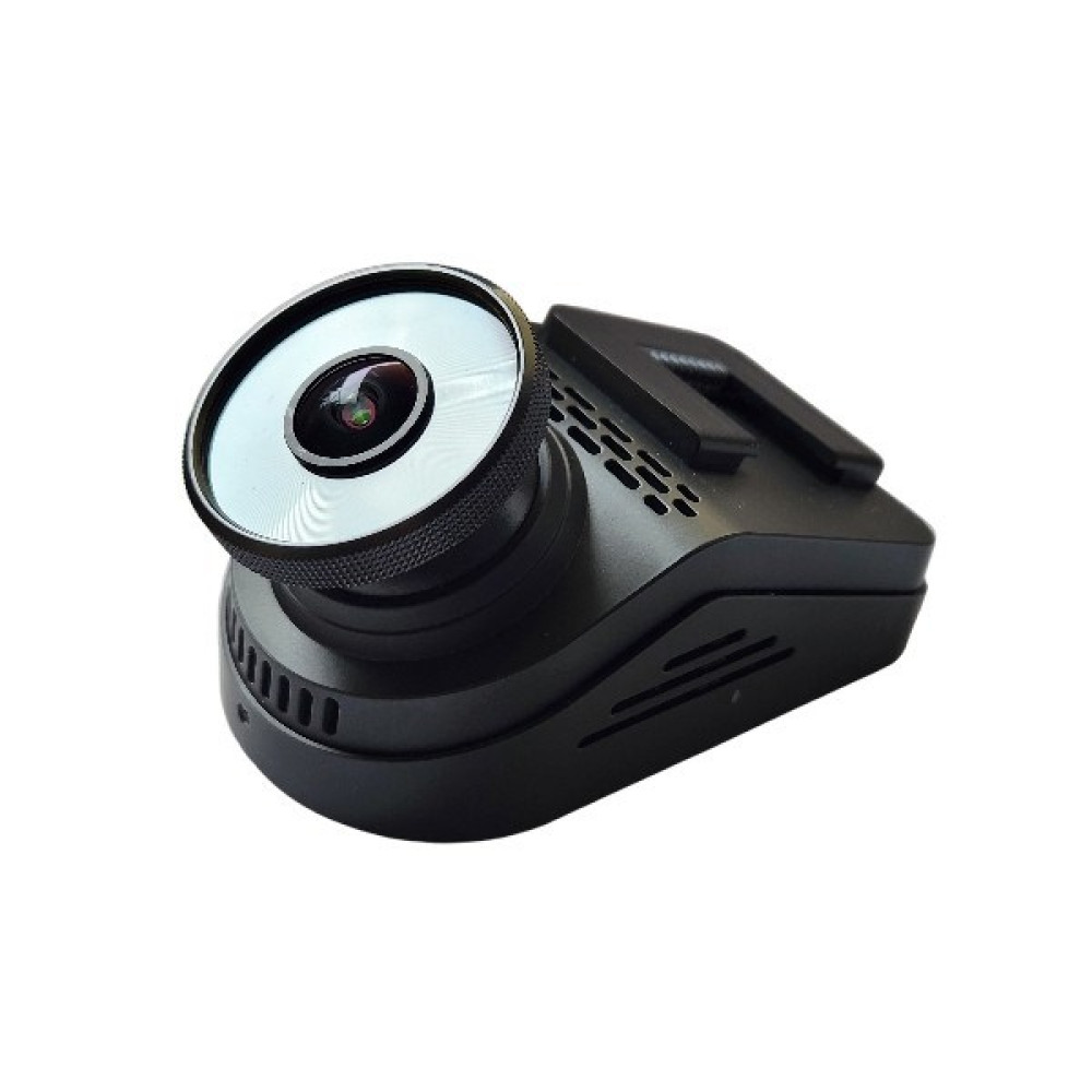 Czarna kamera samochodowa z dużym obiektywem i otworami wentylacyjnymi.