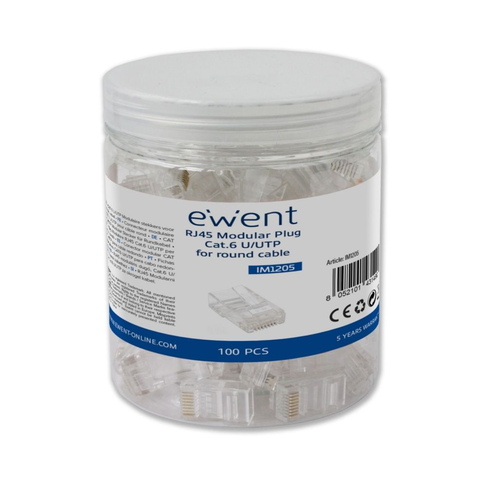 Un barattolo contenente 100 connettori modulari Ewent RJ45 Cat.6 U/UTP per cavo tondo.