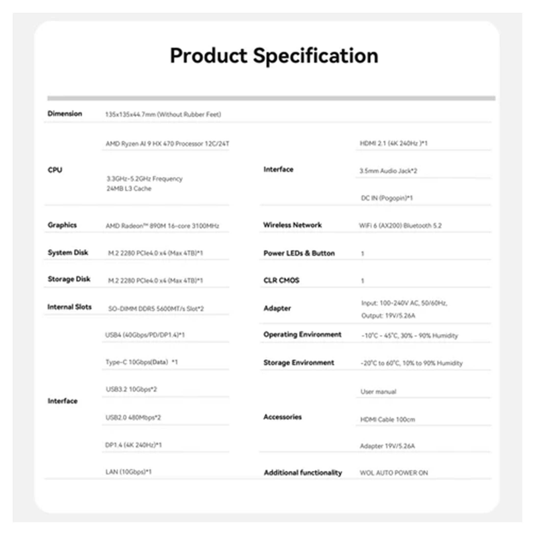 Specyfikacje produktu zawierające wymiary, procesor, grafikę, pamięć i interfejsy.