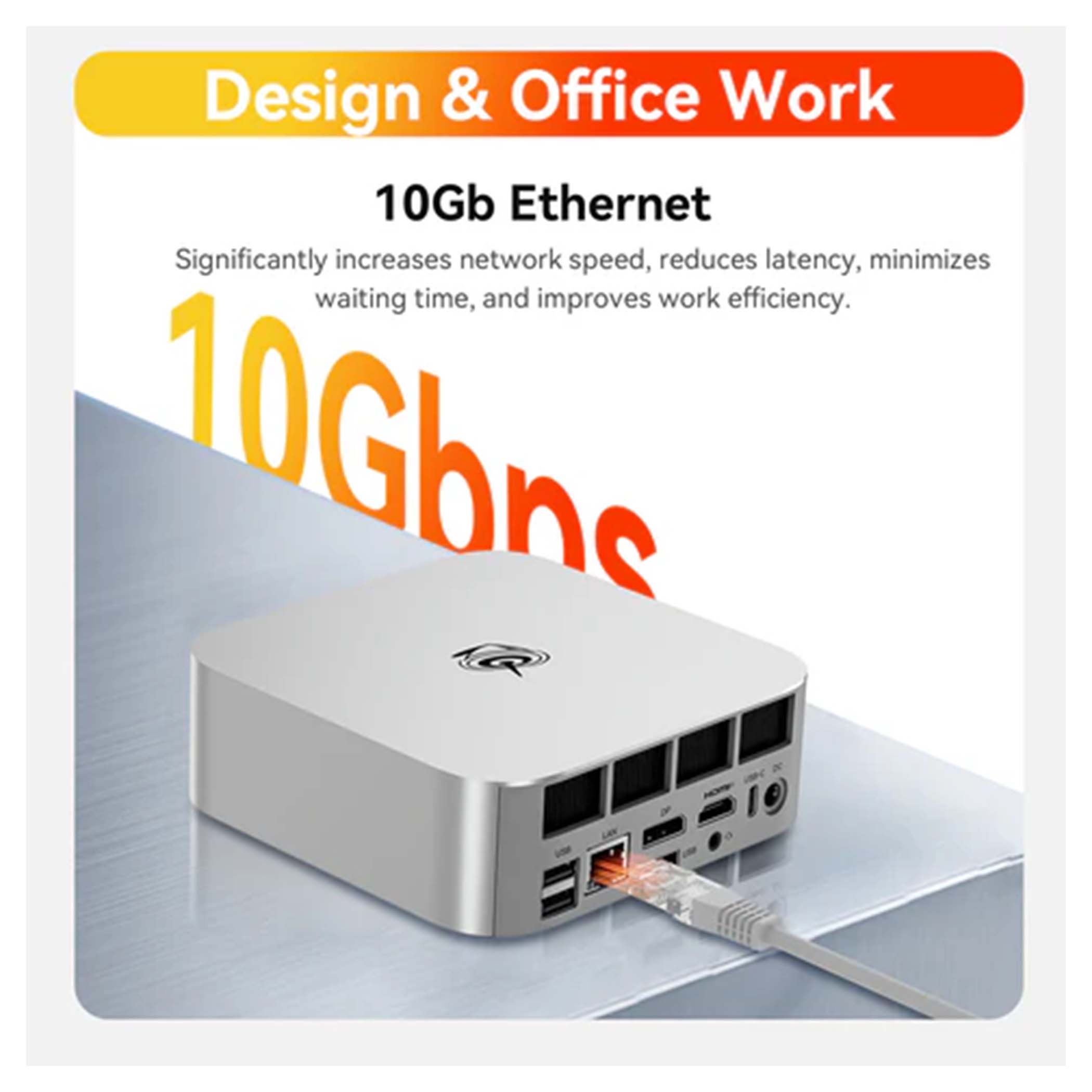 Srebrny komputer z portem Ethernet 10Gb i wpiętym kablem.