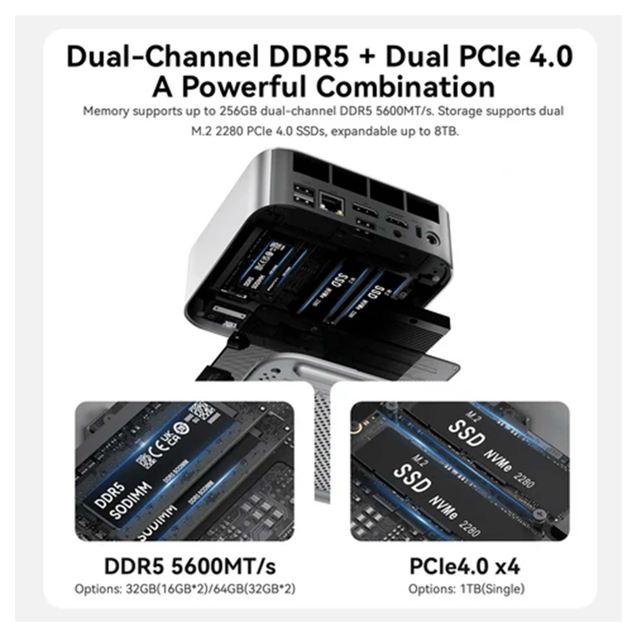 Komputer stacjonarny z otwartą obudową, pokazujący pamięć RAM DDR5 i dyski SSD M.2.