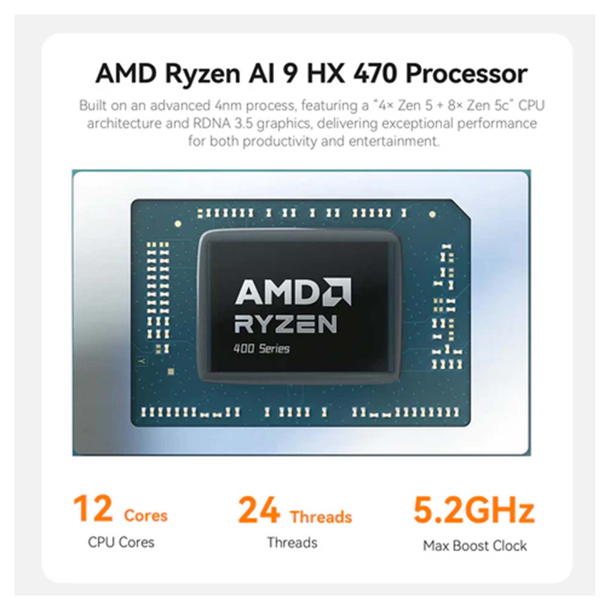 Procesor AMD Ryzen AI 9 HX 470 z 12 rdzeniami, 24 wątkami, 5,2 GHz.
