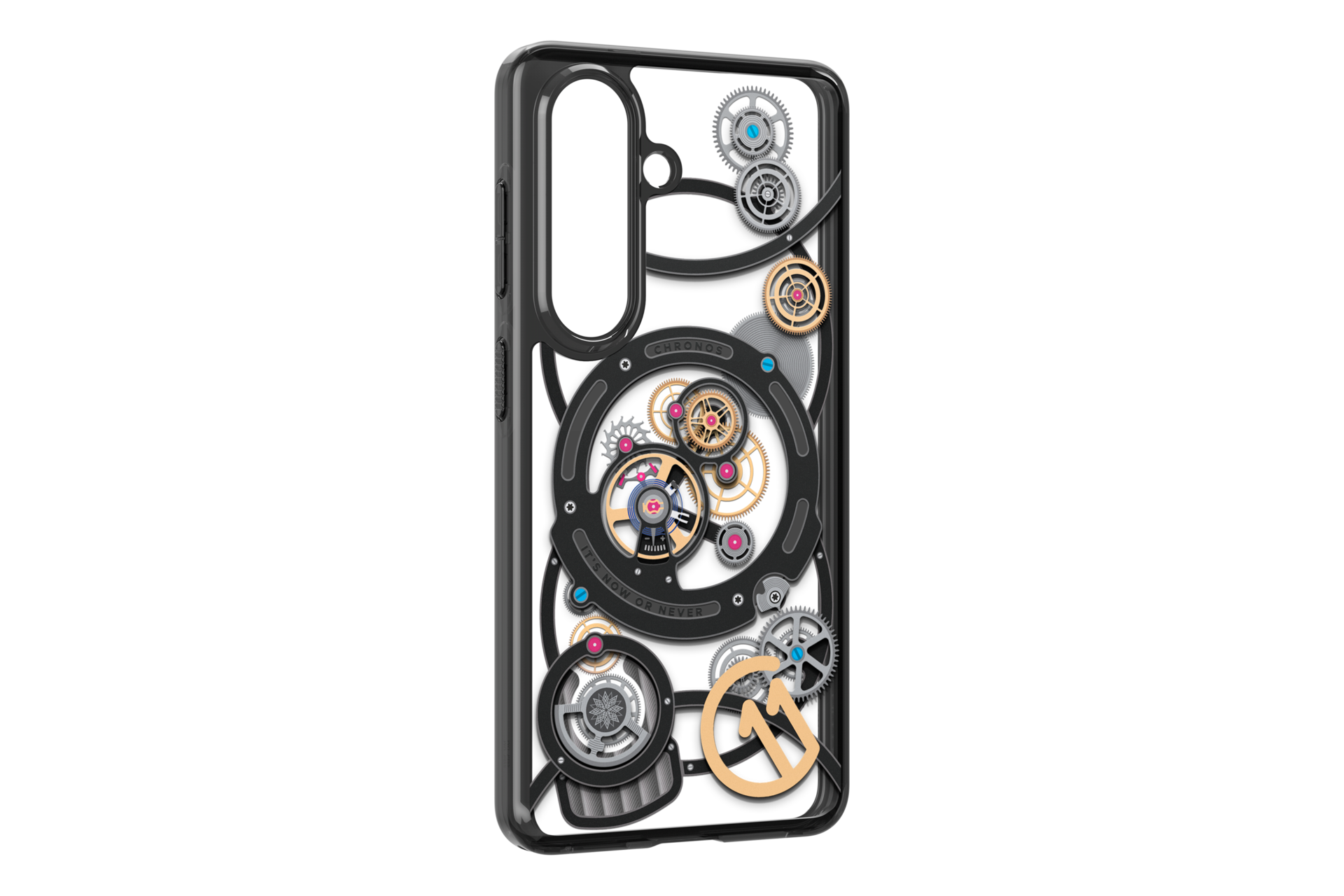Schwarze Handyhülle mit detailliertem Uhrwerk-Design und Zahnrädern.
