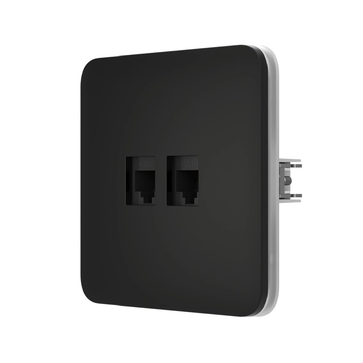 Una placca ethernet nera con due porte CAT.