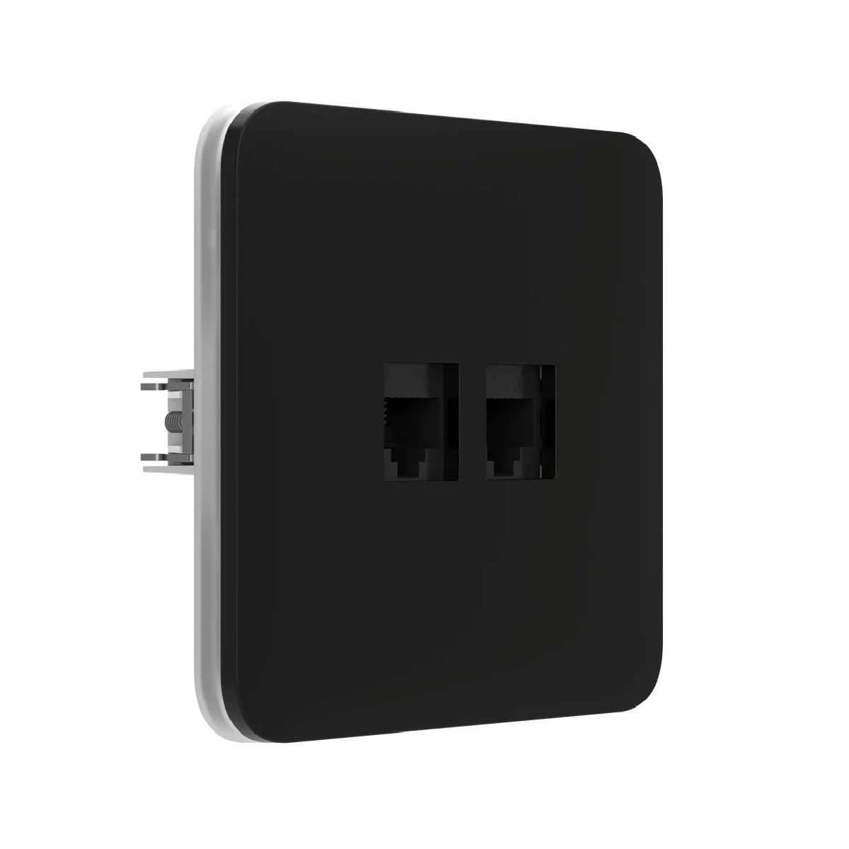 Alloggiamento nero da parete con due porte di rete e cornice argentata.