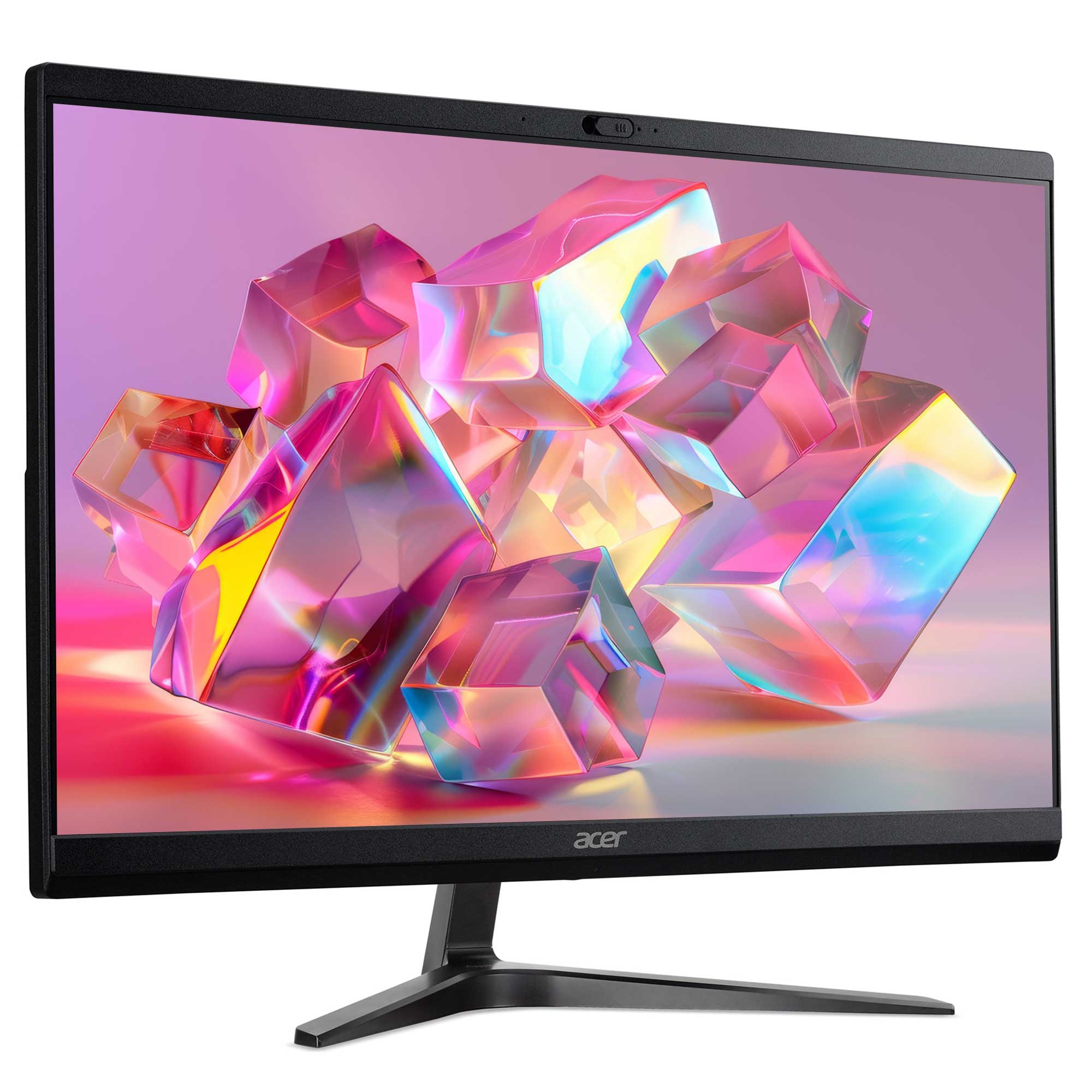 Soyut, renkli küp grafikler gösteren bir Acer monitör.