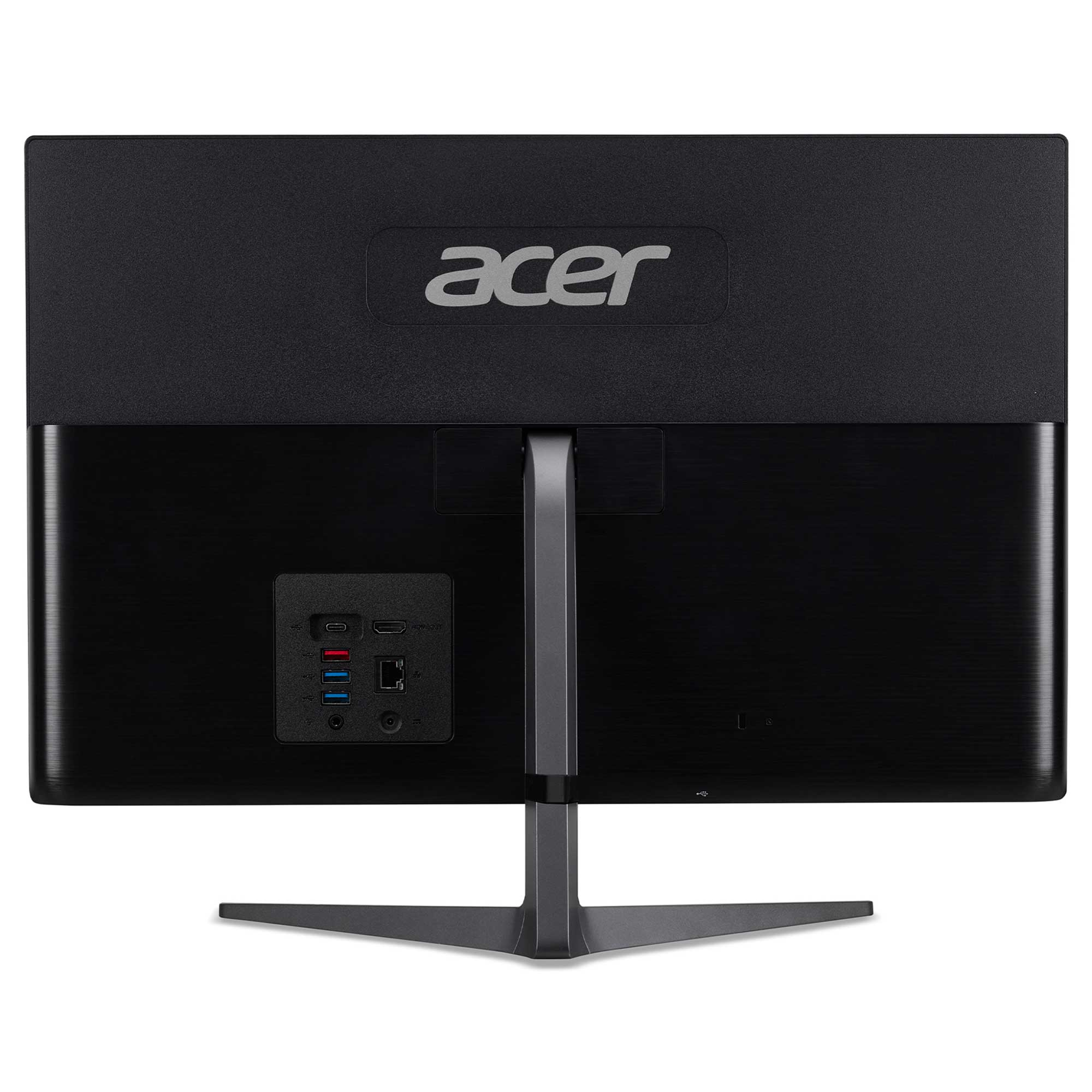 Bağlantı noktaları ve standı olan siyah Acer monitörün arka görünümü.