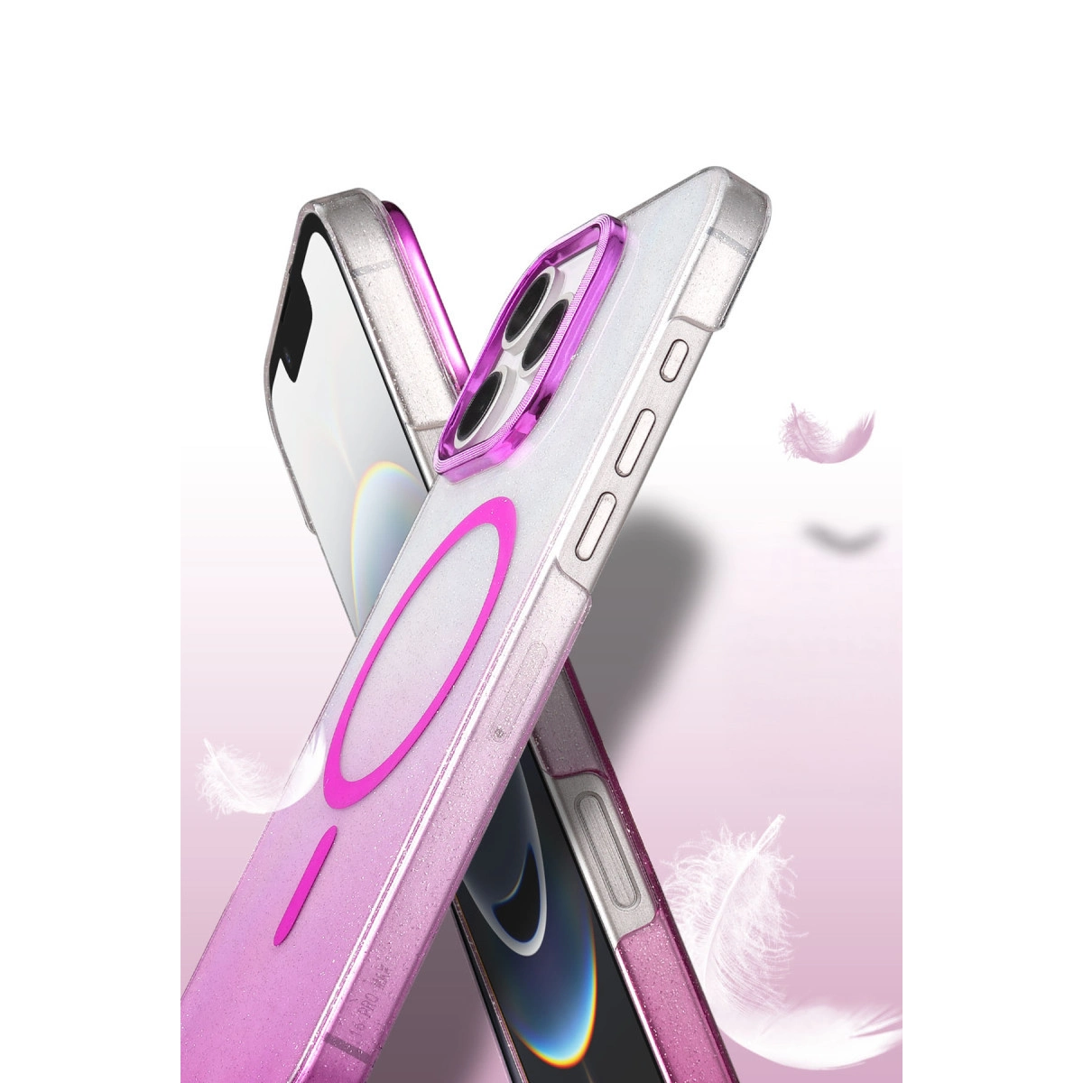Parlak pembe ve gümüş iPhone kılıfları, kamera çerçeveli.