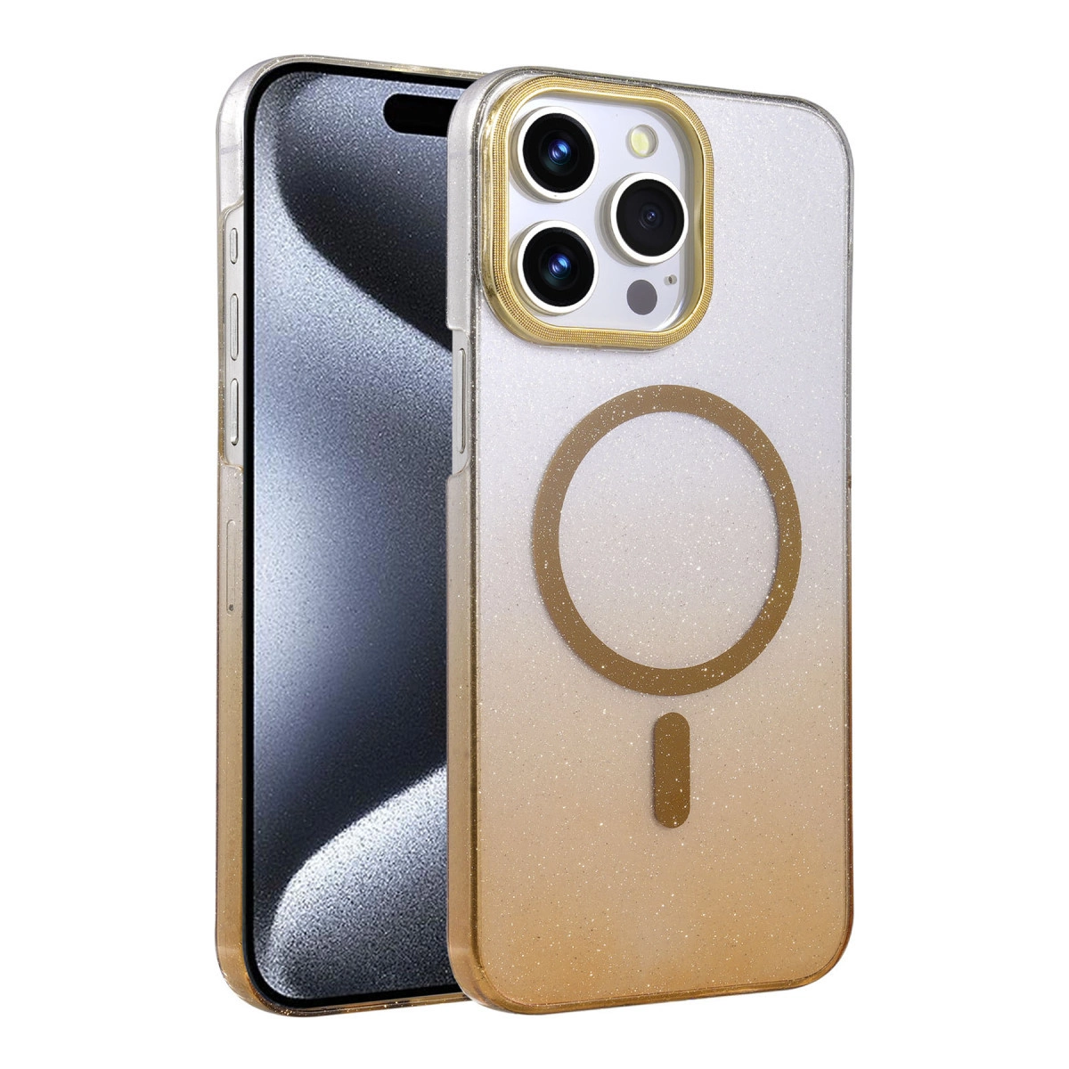 iPhone için altın rengi simli manyetik halkalı telefon kılıfı.