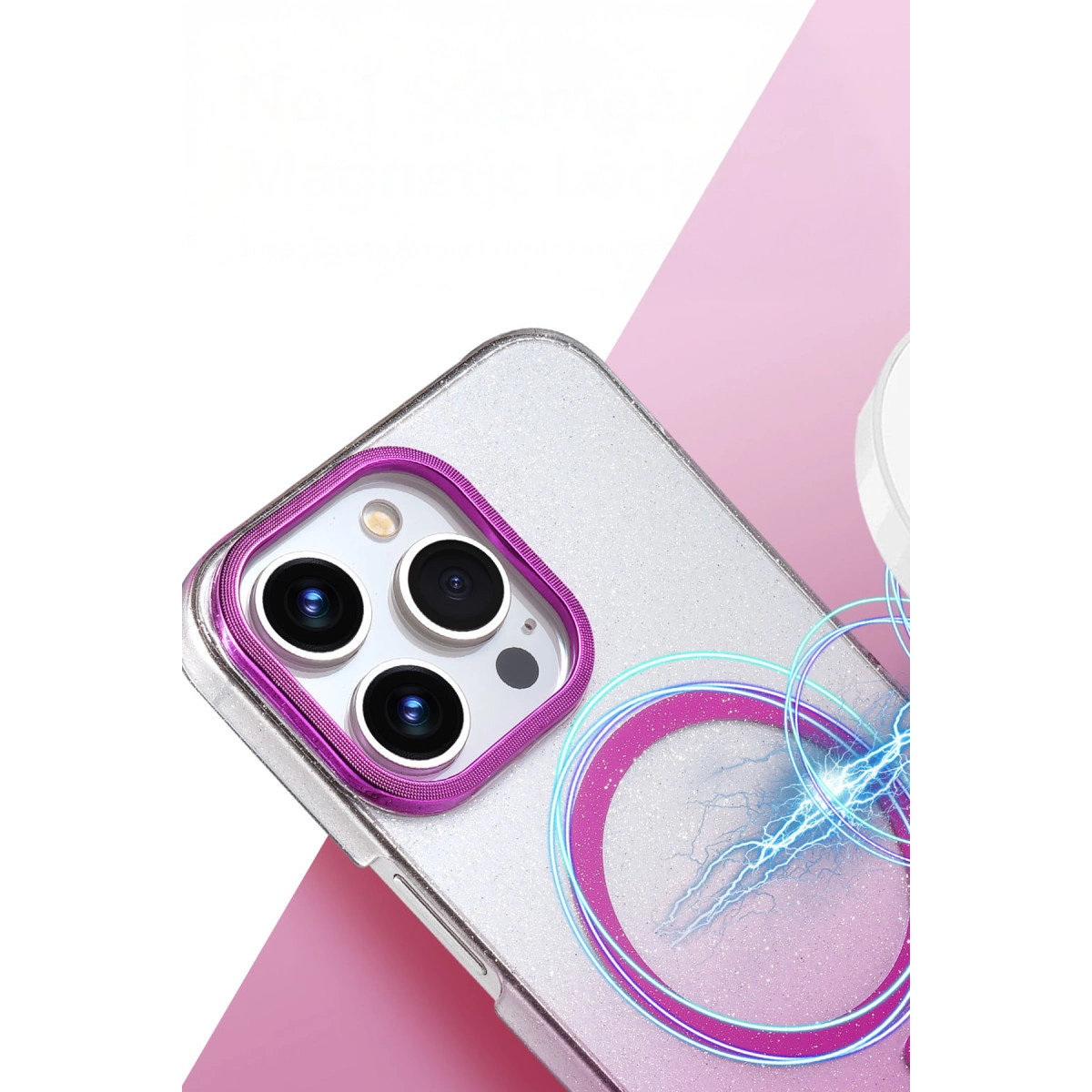 Mor kamera çerçeveli ve manyetik halkalı ışıltılı iPhone kılıfı.