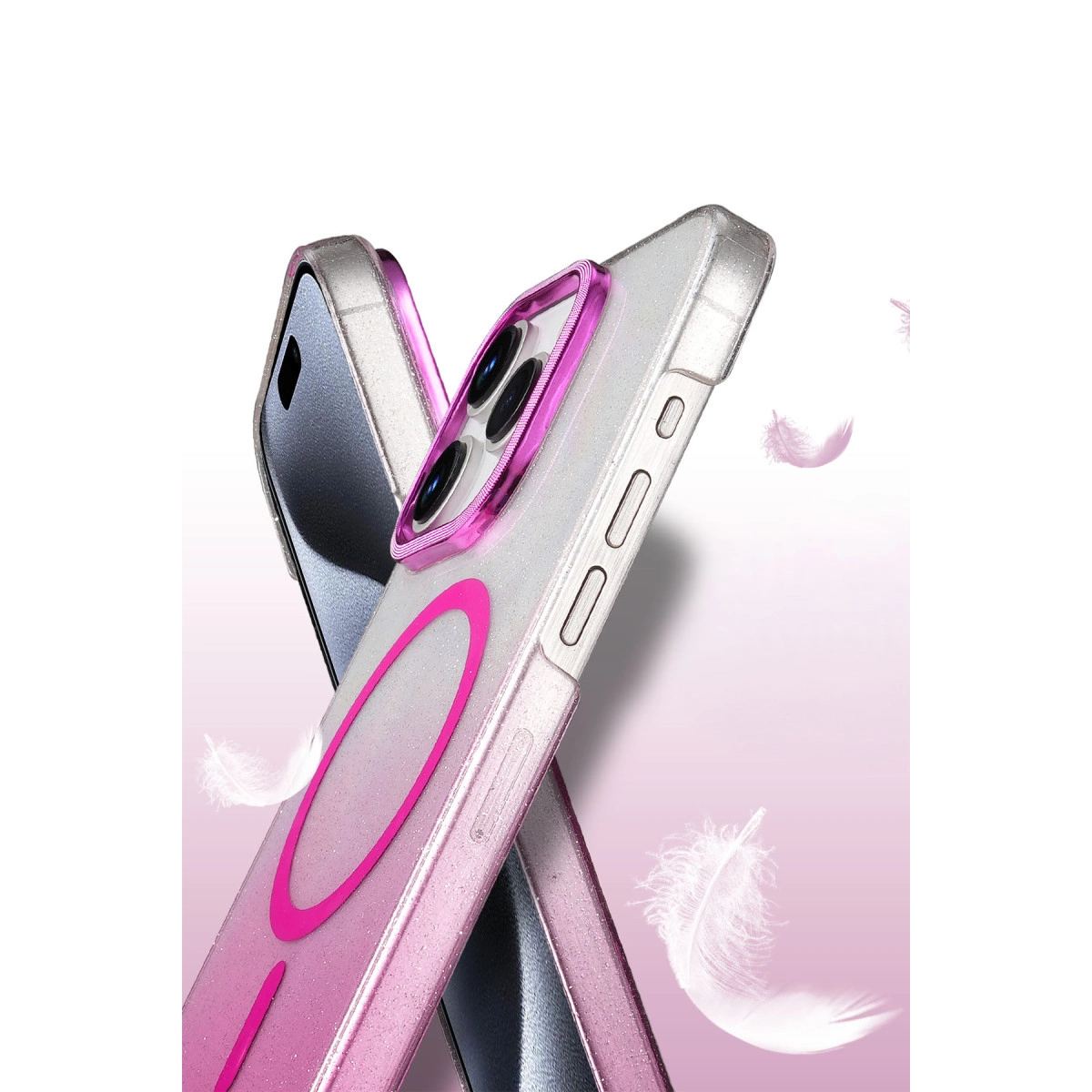 Bir telefonun üzerinde süzülen pembe simli telefon kılıfı prototipi.