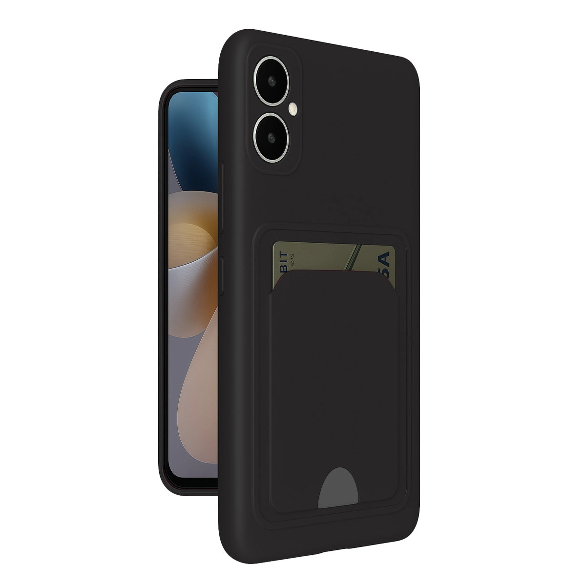 Kart yuvalı siyah telefon kılıfı, akıllı telefonun bir kısmını gösteriyor.