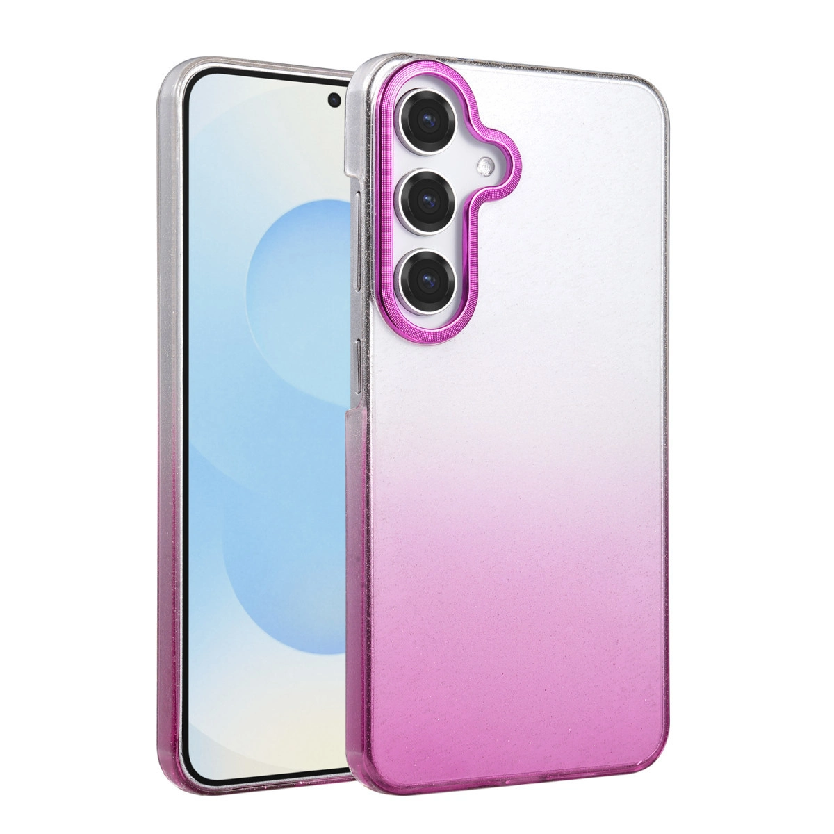 Üç kameralı, pembe-gümüş gradyan kasalı bir akıllı telefon.