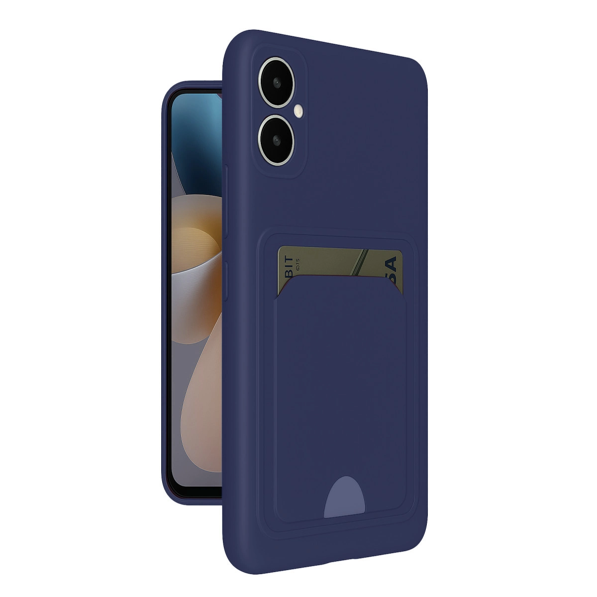 Koyu mavi telefon kılıfı, kart yuvası ve iki kamera lensi.