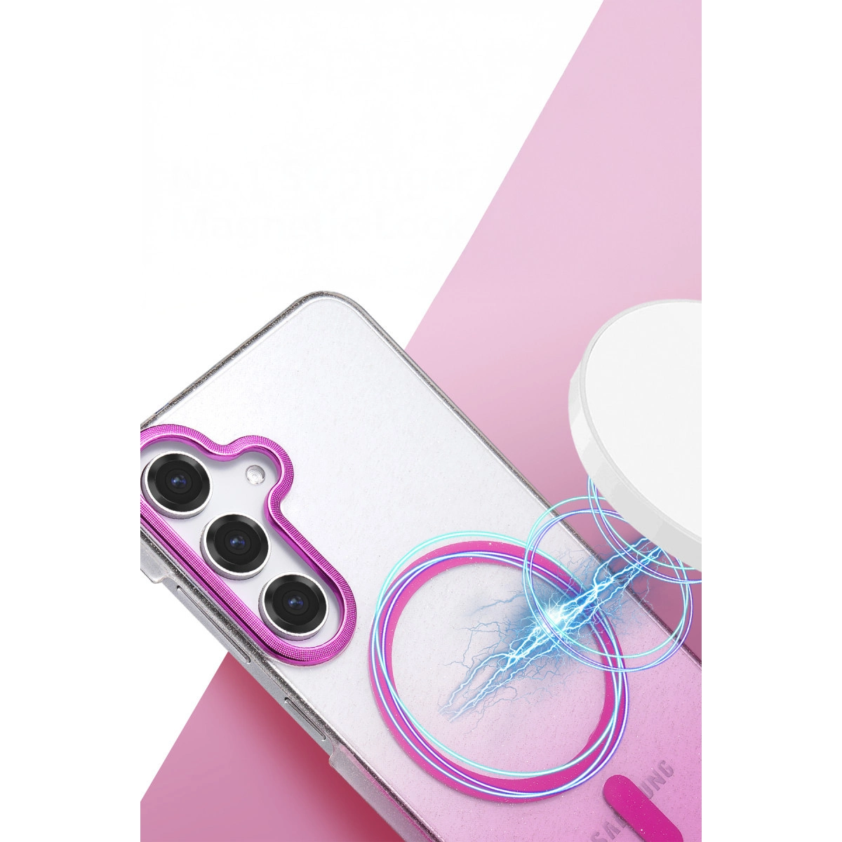Pembe kenarlı, lensli ve manyetik halkalı şeffaf telefon kılıfı.