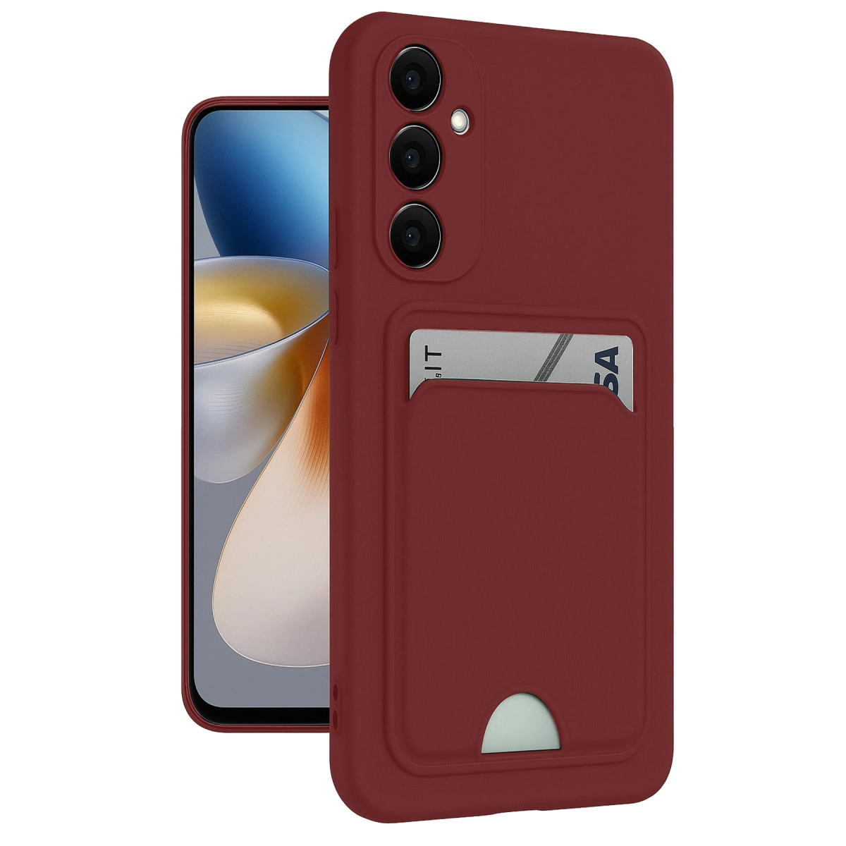 Kart yuvalı bordo telefon kılıfı, telefon tutuyor.
