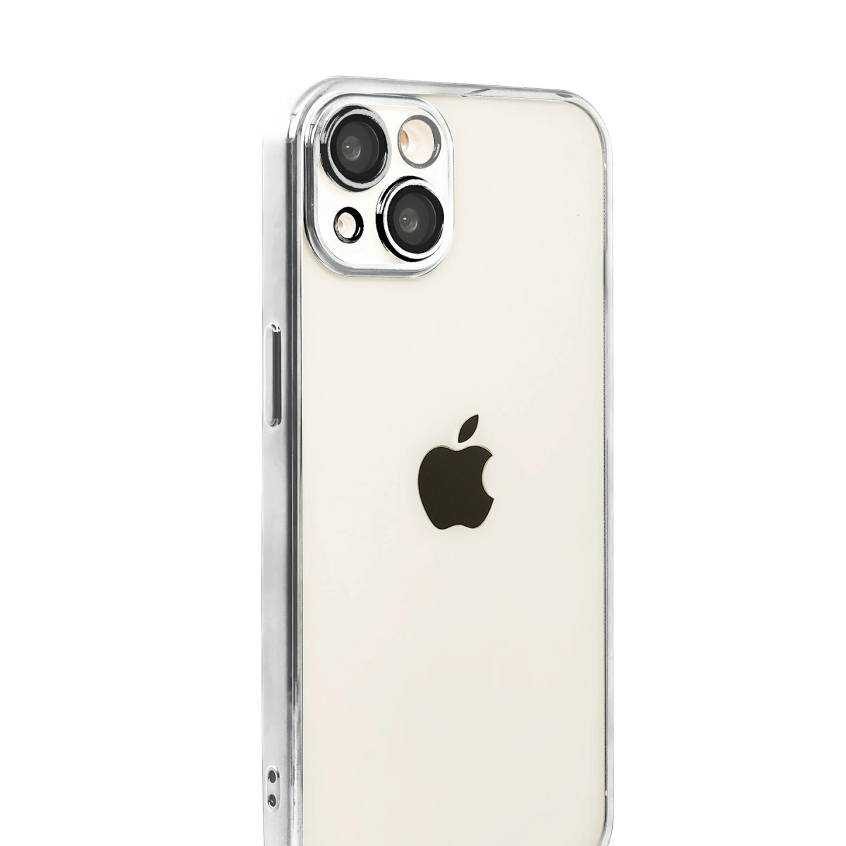 Apple logosu ve kamera lenslerini gösteren iPhone arkasında şeffaf kılıf.