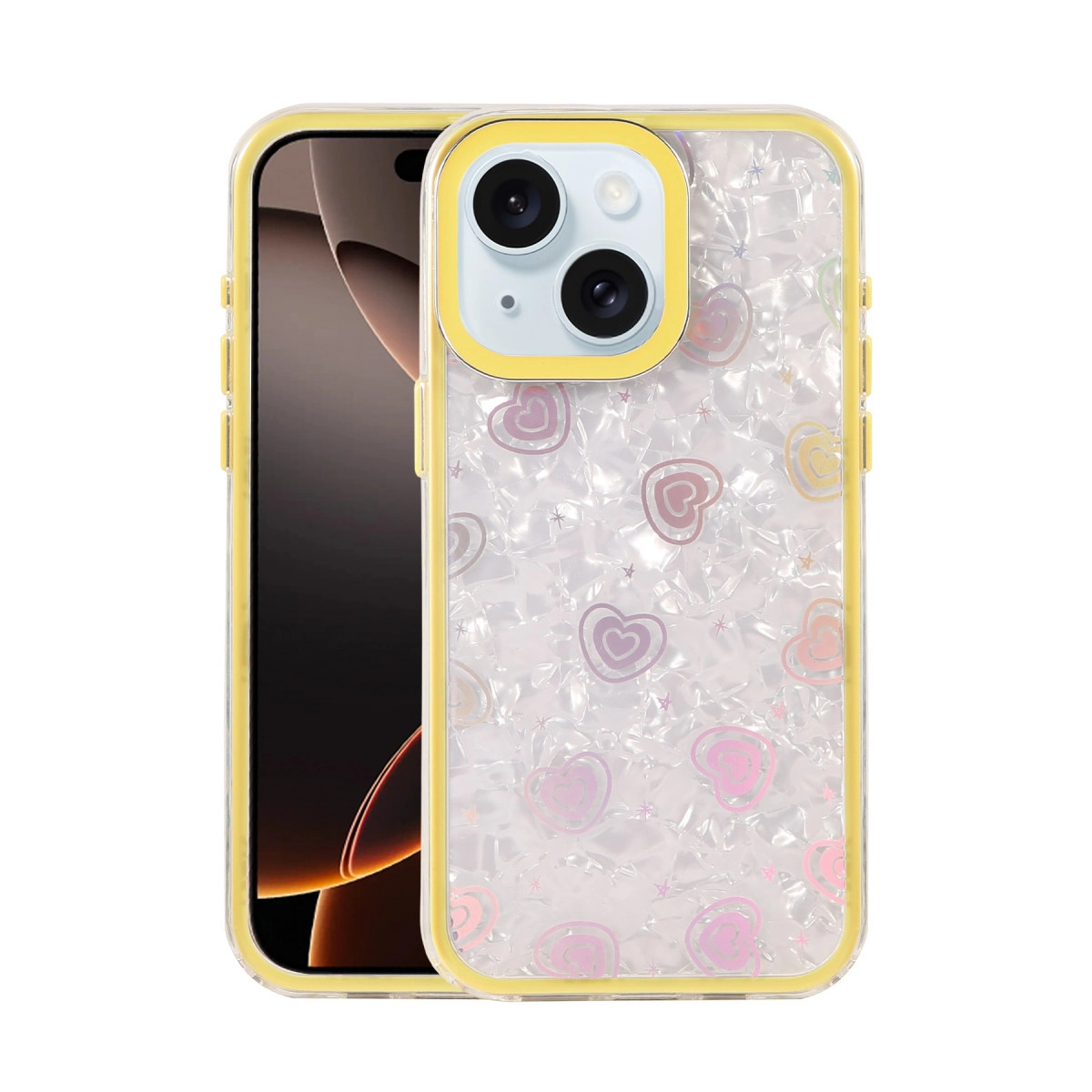 Kalp desenli ve sarı kenarlıklı sarı iPhone kılıfı.