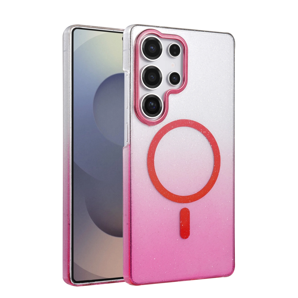 Kamera çerçeveli ve manyetik halkalı simli pembe telefon kılıfı.