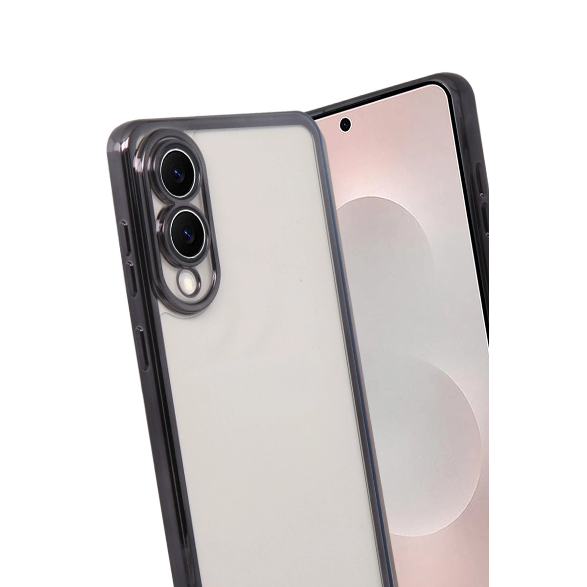 Şeffaf telefon kılıfı, iki kameralı ve pembe ekranlı bir akıllı telefonu kaplar.