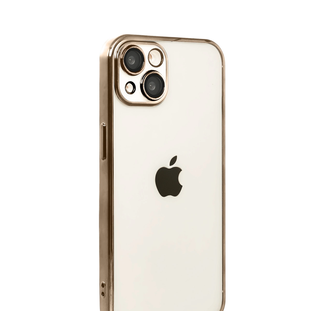 Altın çerçeveli ve kamera lensli beyaz iPhone.