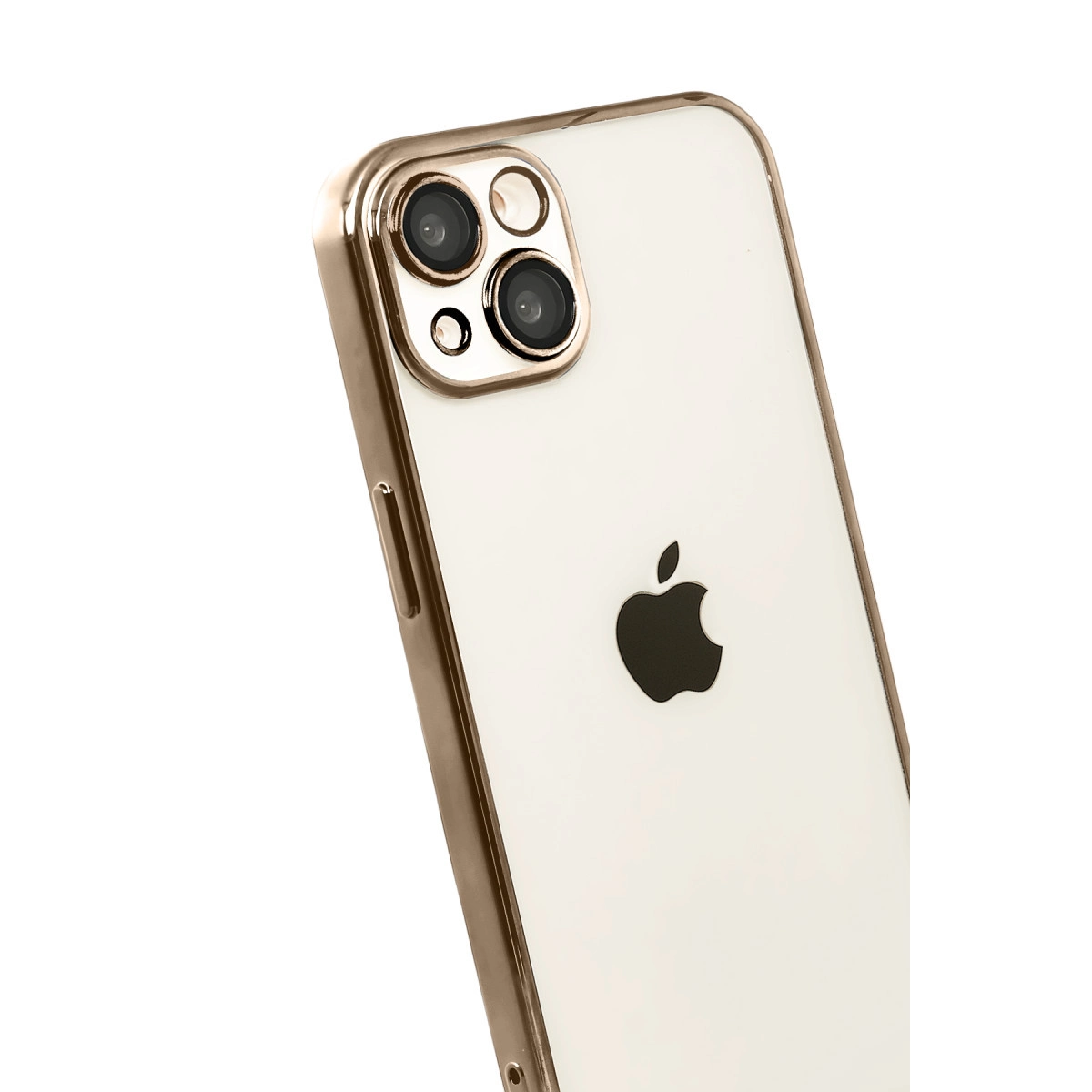 Altın çerçeveli ve üçlü kameralı beyaz iPhone.